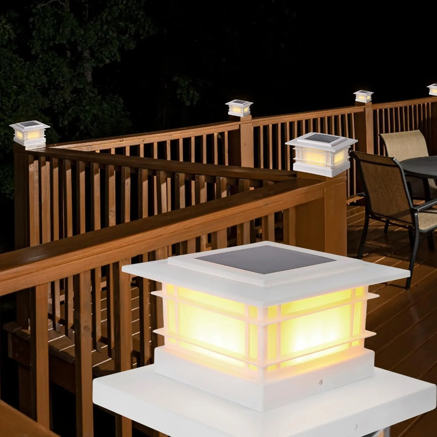 Dynaming 6 Pack Solar Post Cap Lights Outdoor, White Shell Fence Post Solar Lights Fit for 4x4 5x5 6x6 Vinyl/Wooden Posts, High Brightness Warm White SMD LED Lighting Decor for Garden Deck Patio