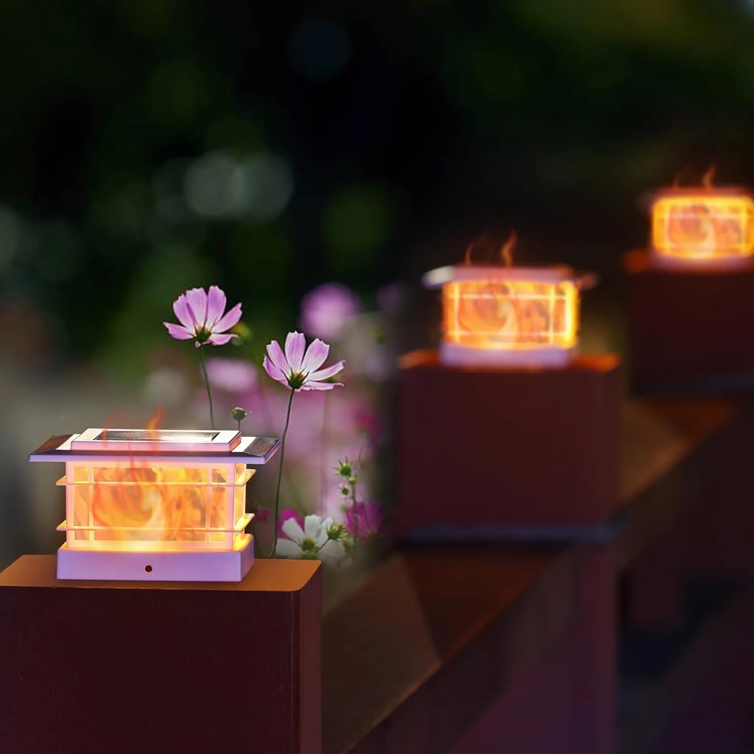 Dynaming 8 Pack Solar Flame Post Lights Outdoor, Solar Powered Fence Post White Shell Cap Light, High Brightness Flickering Flame LED Lighting for Garden Deck Patio, Fit 4x4 5x5 6x6 Vinyl/Wooden Posts