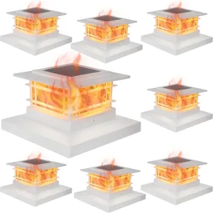 Dynaming 8 Pack Solar Flame Post Lights Outdoor, Solar Powered Fence Post White Shell Cap Light, High Brightness Flickering Flame LED Lighting for Garden Deck Patio, Fit 4x4 5x5 6x6 Vinyl/Wooden Posts