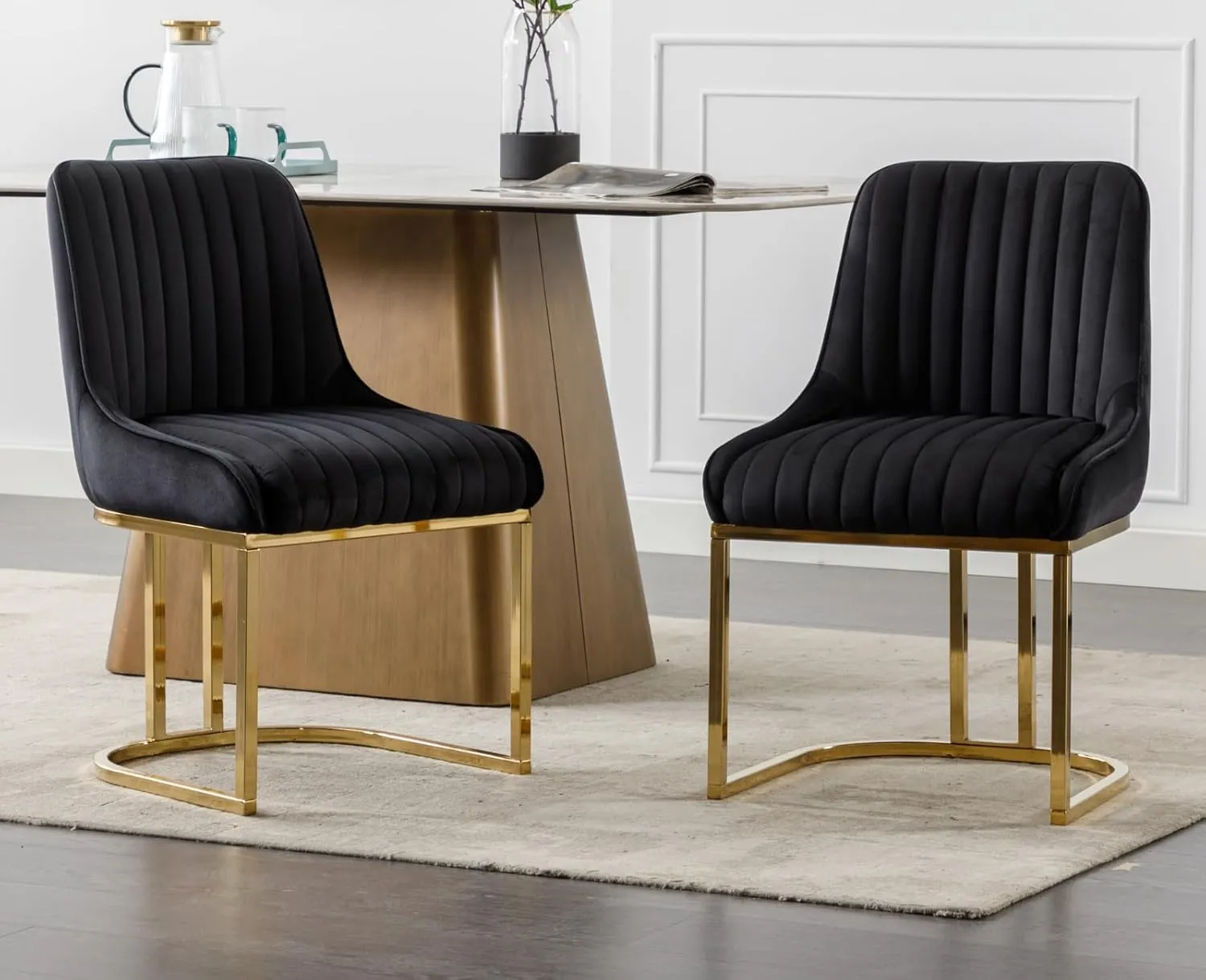 EALSON Velvet Upholstered Dining Chairs Set of 4 Modern Accent Dining Room Chairs with Gold Metal Base Comfy Padded Kitchen Chairs Armless Side Chair for Kitchen Dining Room, Black