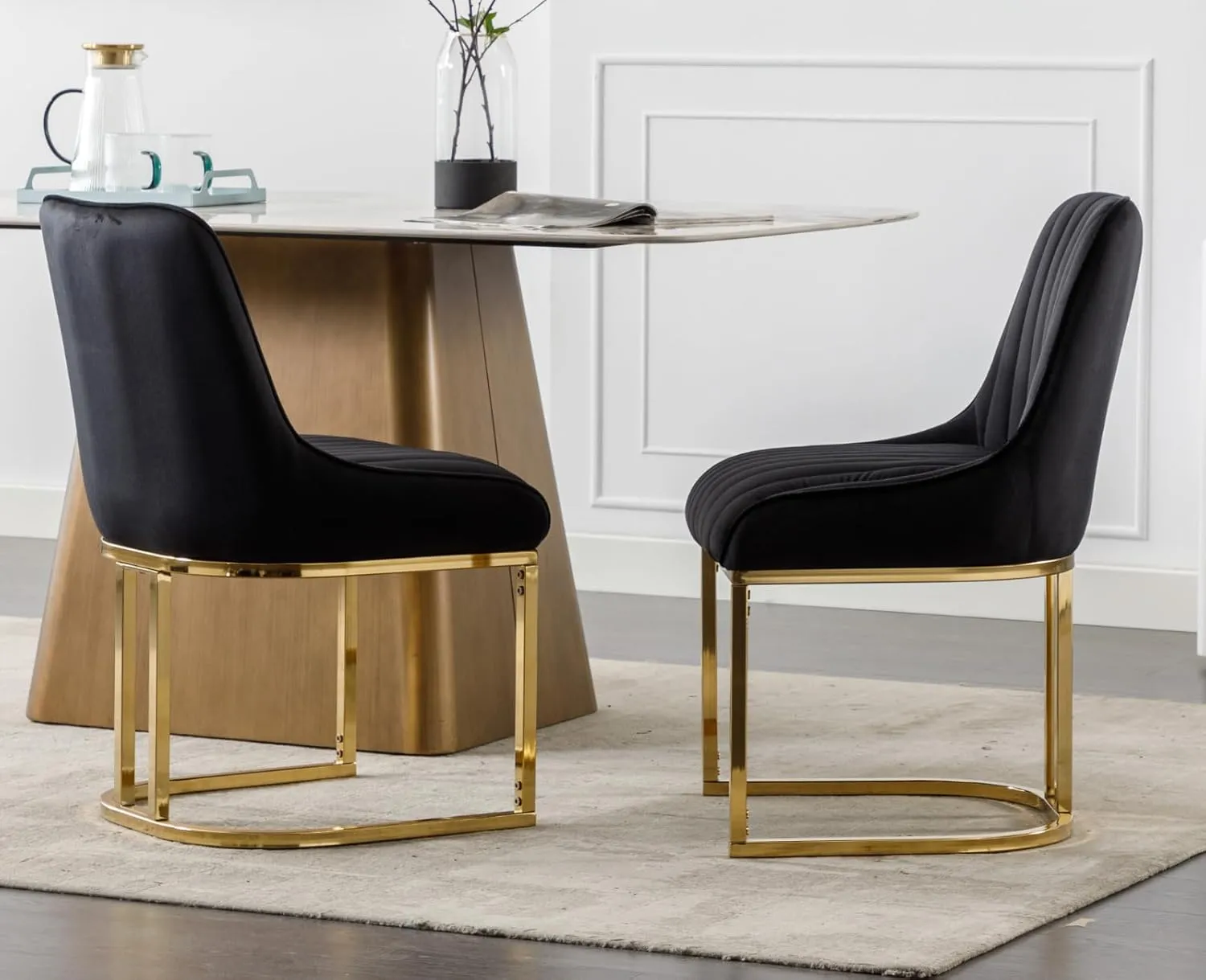 EALSON Velvet Upholstered Dining Chairs Set of 4 Modern Accent Dining Room Chairs with Gold Metal Base Comfy Padded Kitchen Chairs Armless Side Chair for Kitchen Dining Room, Black