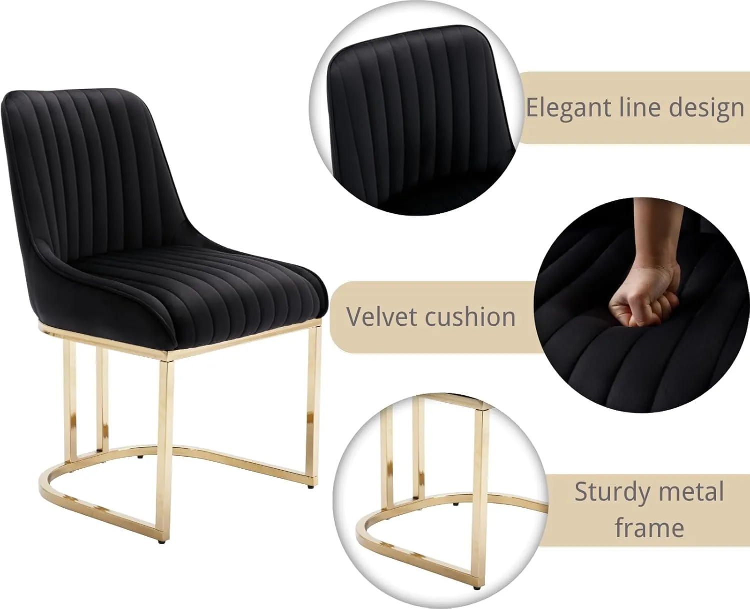 EALSON Velvet Upholstered Dining Chairs Set of 4 Modern Accent Dining Room Chairs with Gold Metal Base Comfy Padded Kitchen Chairs Armless Side Chair for Kitchen Dining Room, Black