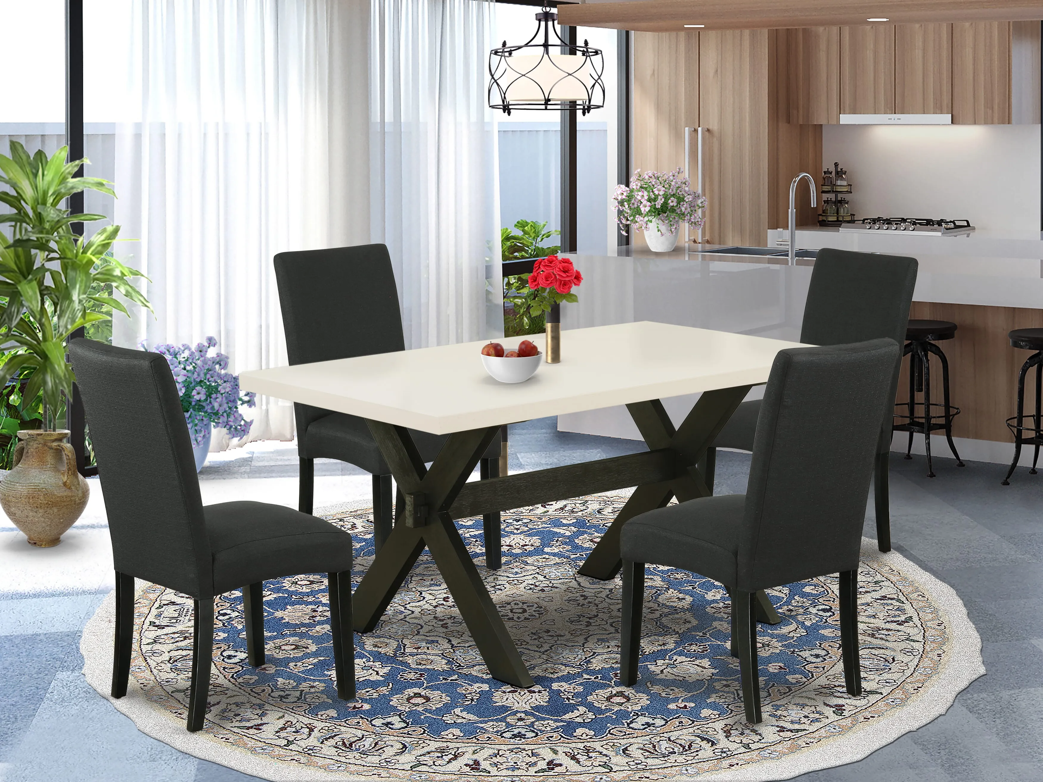 East West Furniture X626DR124-5 5 Piece Dining Room Furniture Set Includes a Rectangle Dining Table with X-Legs and 4 Black Color Linen Fabric Upholstered Chairs