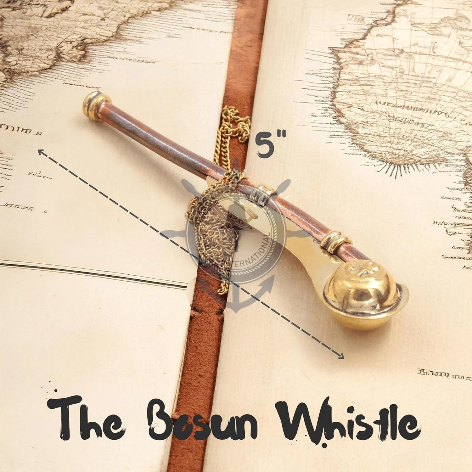 Echoes of the High Seas: Polished Brass Bosun's Pipe Whistle with Chain & Handcrafted Rosewood Anchor Case | Unveil Pirate's Legacy with Nagina International's Maritime Decor Collection