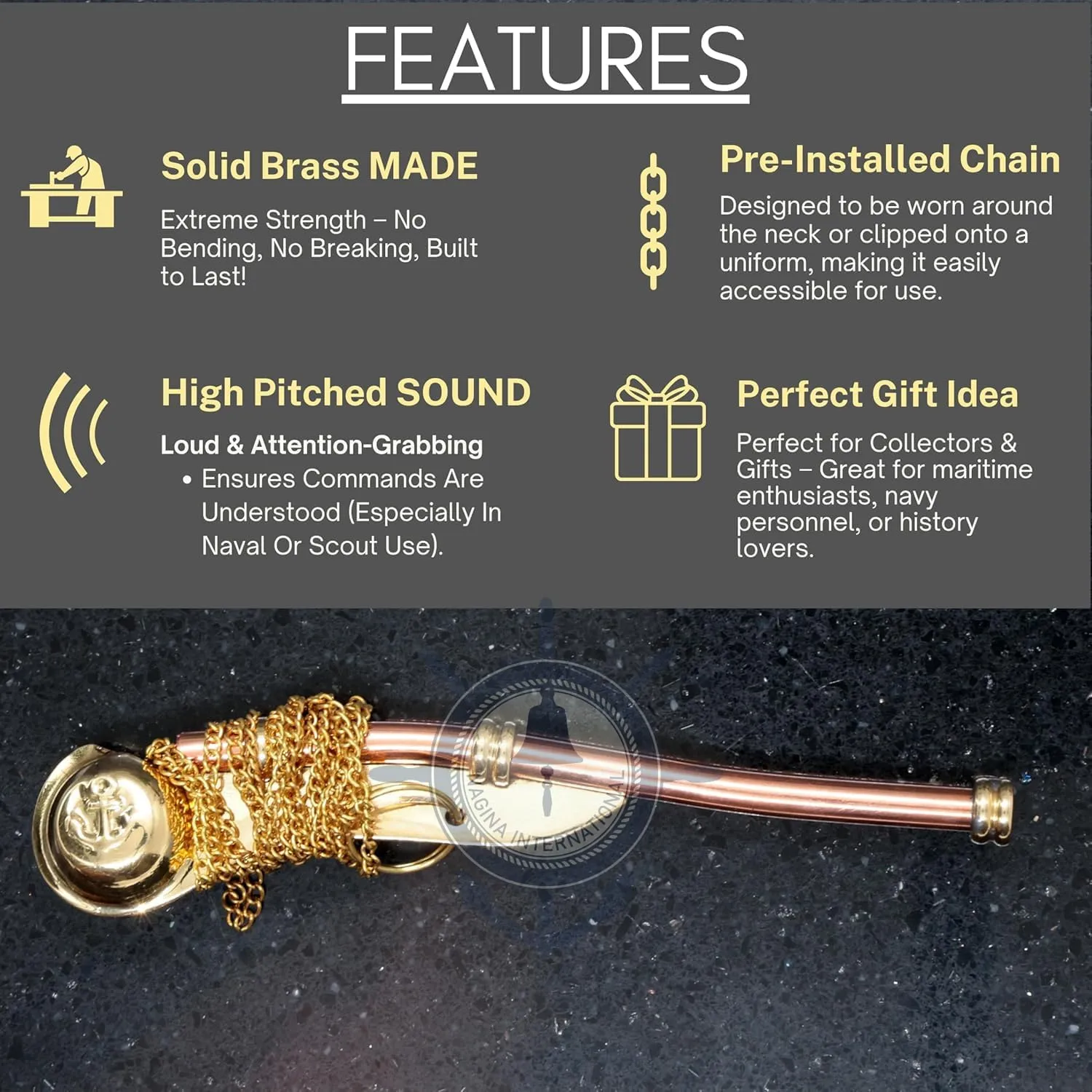 Echoes of the High Seas: Polished Brass Bosun's Pipe Whistle with Chain & Handcrafted Rosewood Anchor Case | Unveil Pirate's Legacy with Nagina International's Maritime Decor Collection