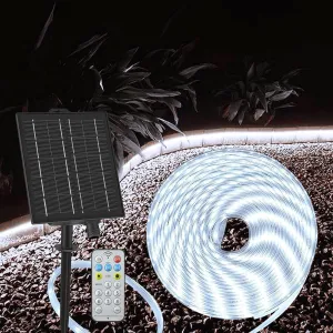 echosari 32.8Ft Solar Strip Lights Outdoor, IP68 Fully Waterproof LED Strip Lights with Timer Remote Auto ON/Off, Self-Adhesive Lights Strip for Camping Pool Deck Patio Decor (Cool White)
