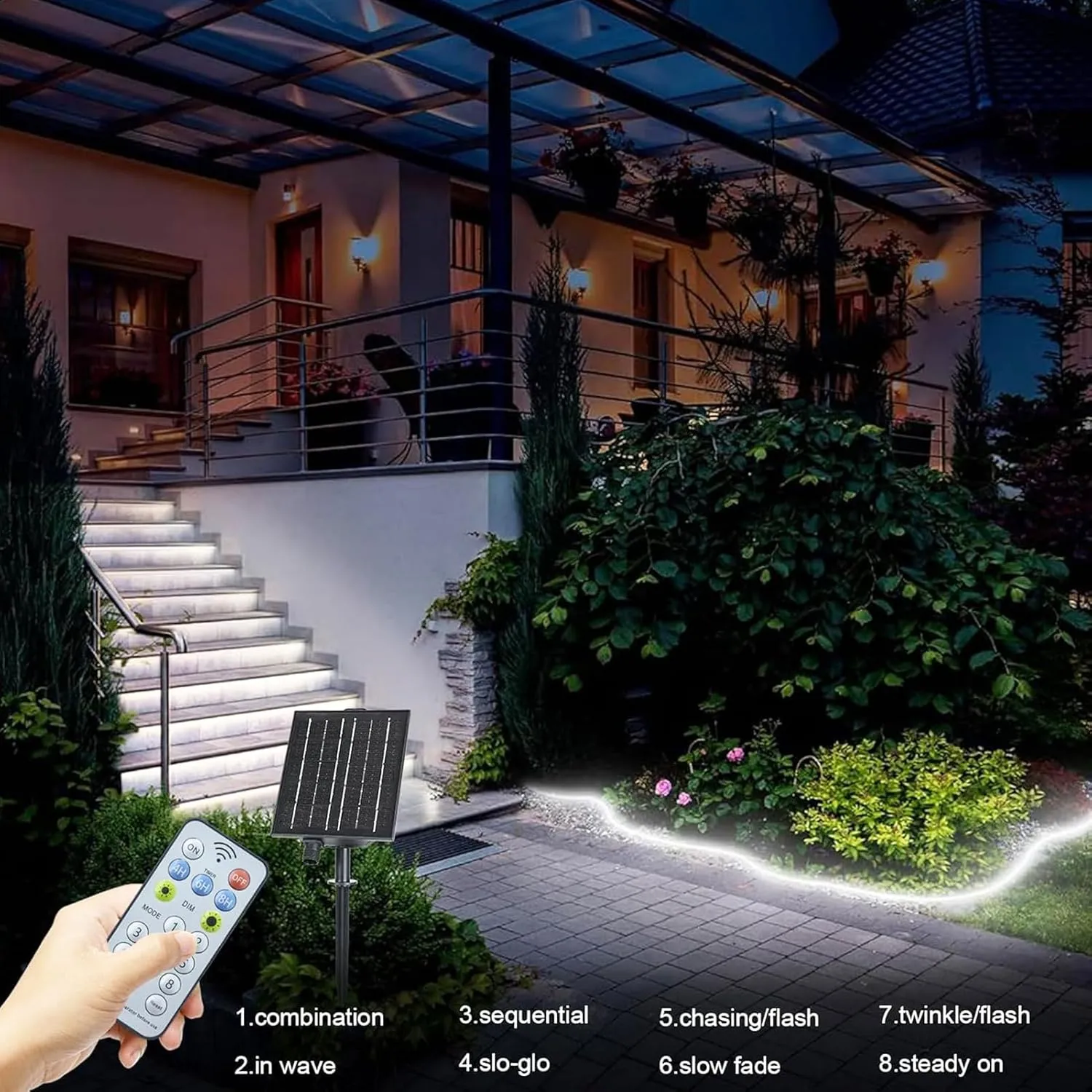 echosari 32.8Ft Solar Strip Lights Outdoor, IP68 Fully Waterproof LED Strip Lights with Timer Remote Auto ON/Off, Self-Adhesive Lights Strip for Camping Pool Deck Patio Decor (Cool White)