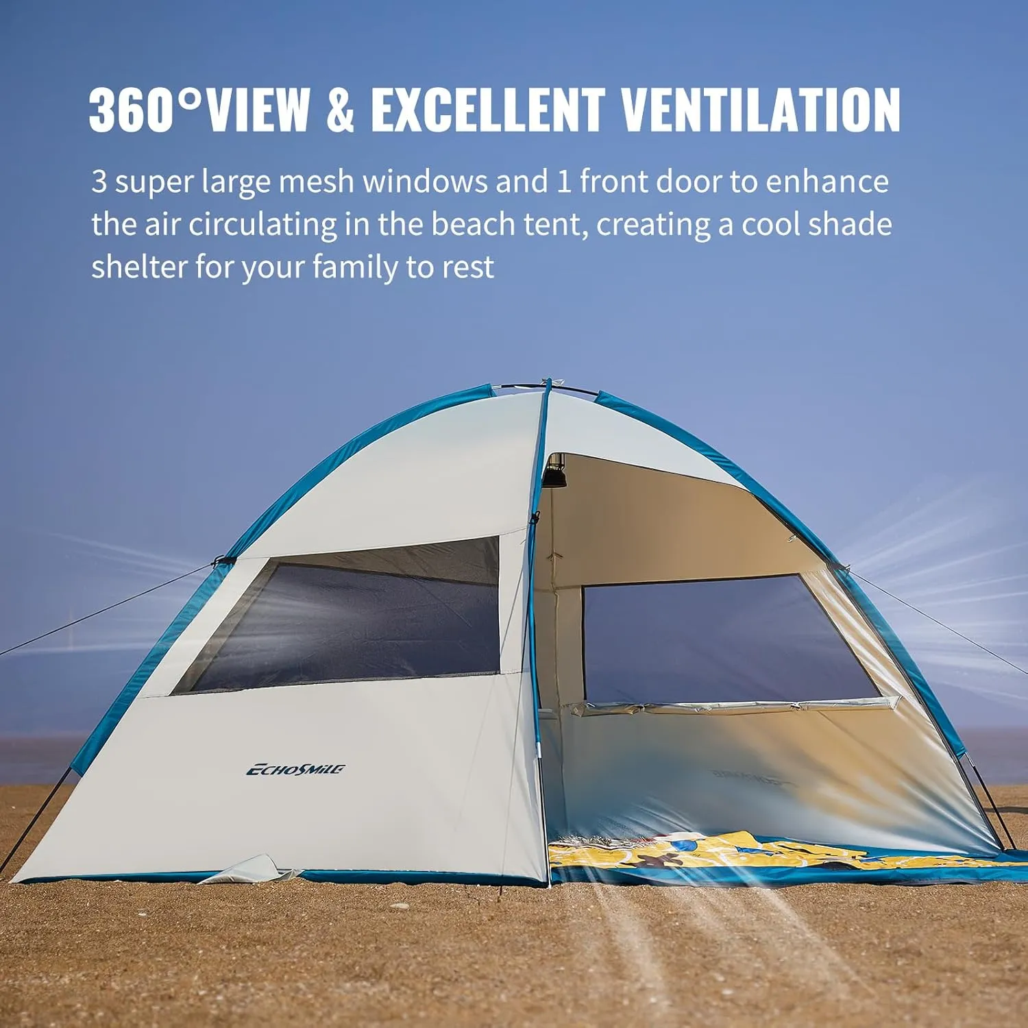 EchoSmile UPF 50  Beach Tent Sun Shelter for 3/4 Person, Portable Beach Cabana Tent
