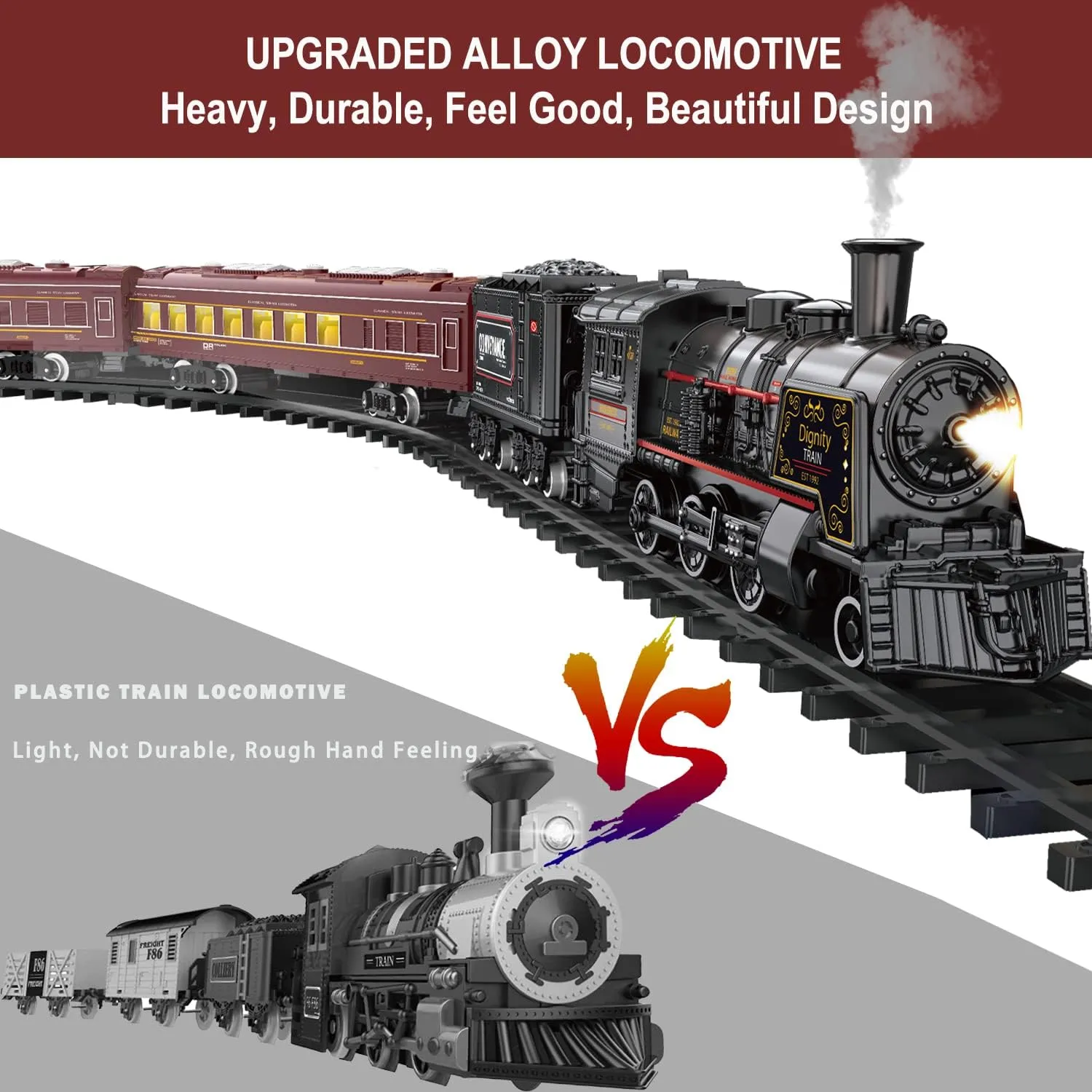 Electric Train Sets for Boys Girls Metal Alloy Christmas Trains Toys Steam Locomotive, Passenger Carriages, Tracks, Light & Sounds Rechargeable Birthday Gifts for Kids 3 4 5 6 7 8   Years Old Red …