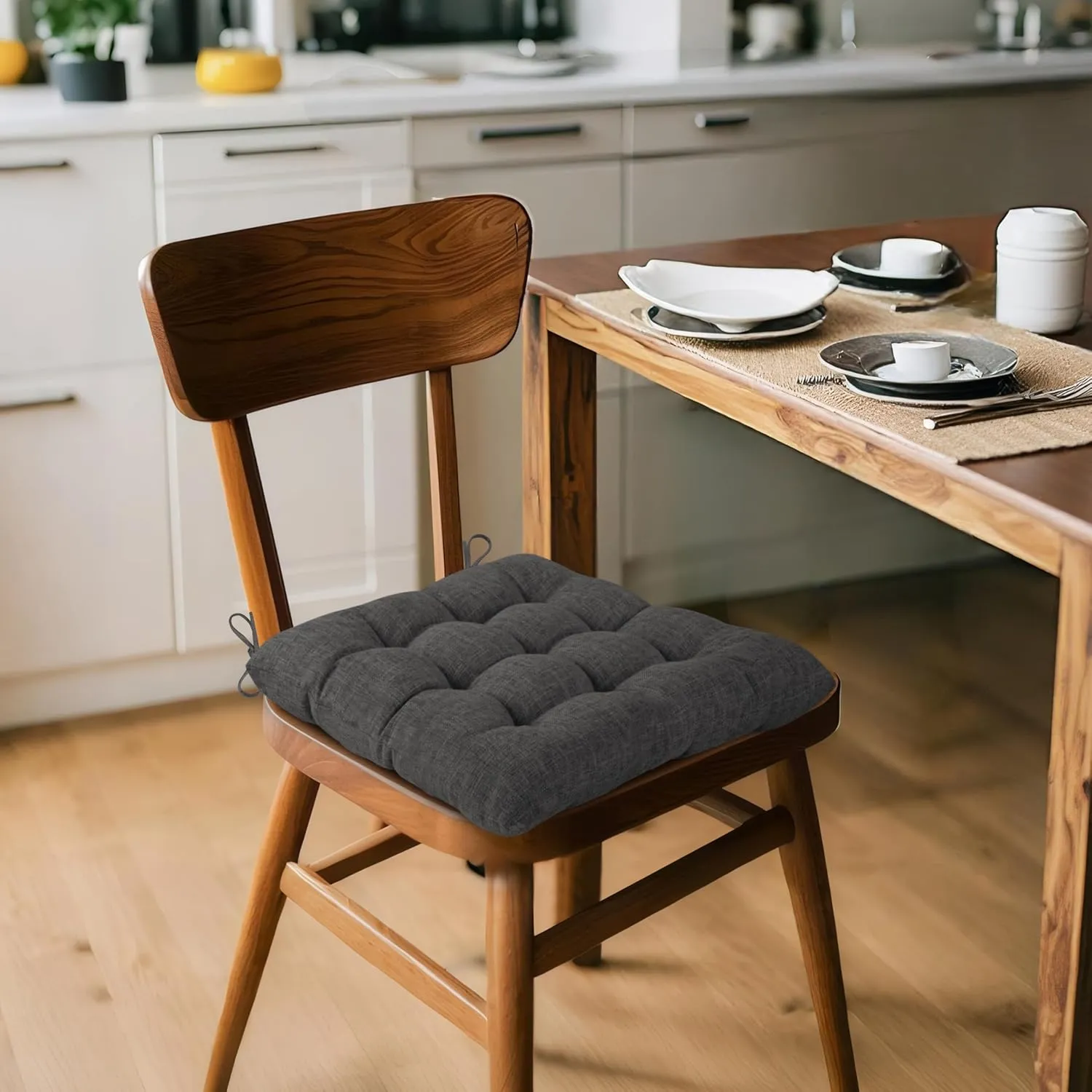 ELFJOY 4 Pack Chair Cushions for Dining Chairs Chair Pads Cushion for Kitchen Office Tufted Textured Square Seat Cushion with Ties (16" Dark Grey)