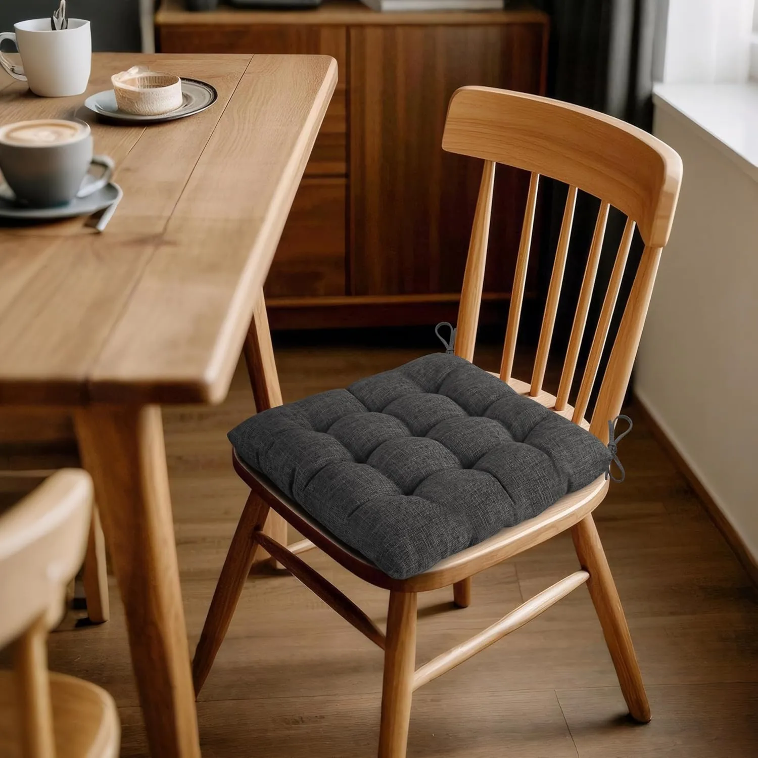 ELFJOY 4 Pack Chair Cushions for Dining Chairs Chair Pads Cushion for Kitchen Office Tufted Textured Square Seat Cushion with Ties (16" Dark Grey)