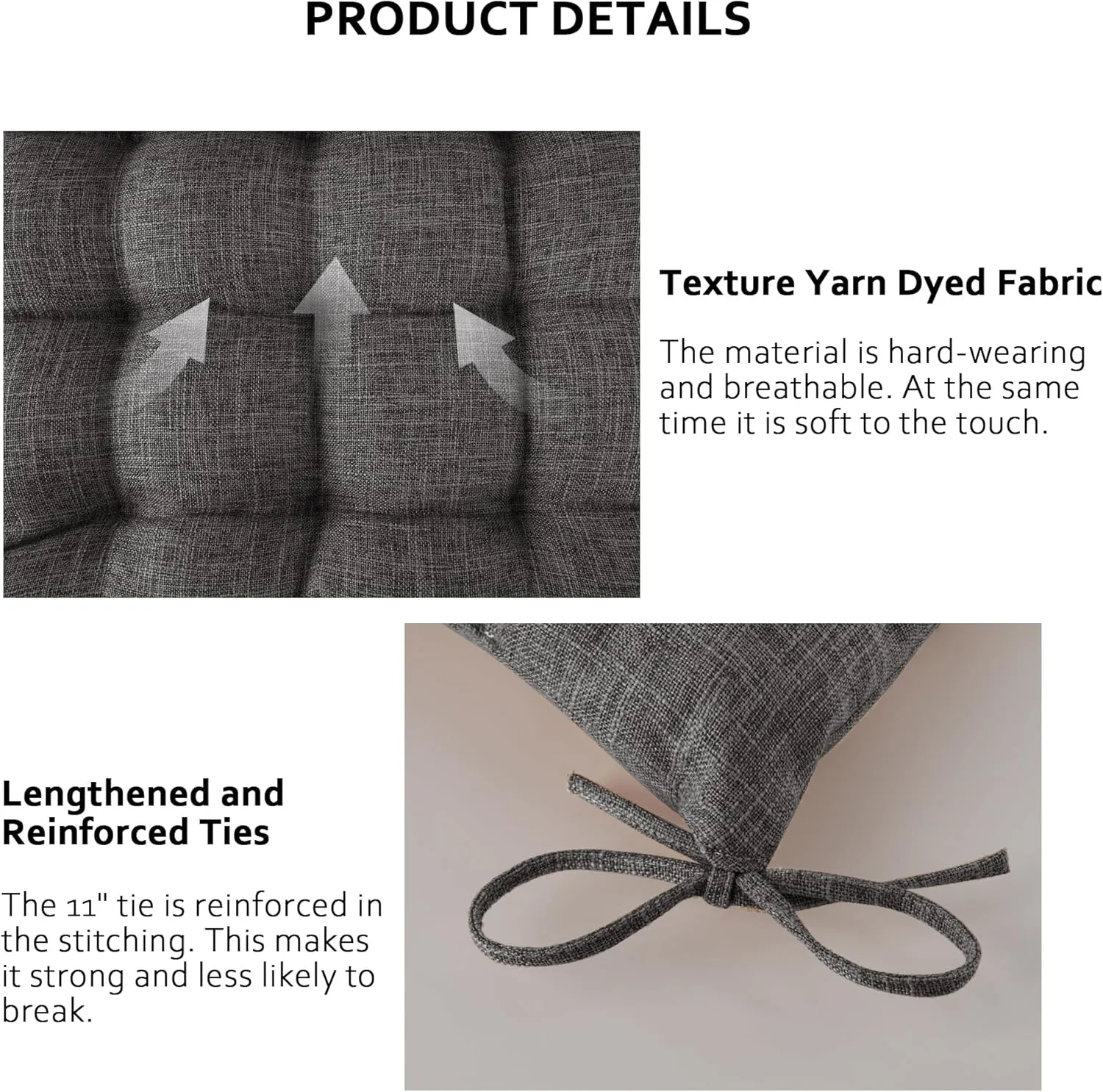 ELFJOY 4 Pack Chair Cushions for Dining Chairs Chair Pads Cushion for Kitchen Office Tufted Textured Square Seat Cushion with Ties (16" Dark Grey)