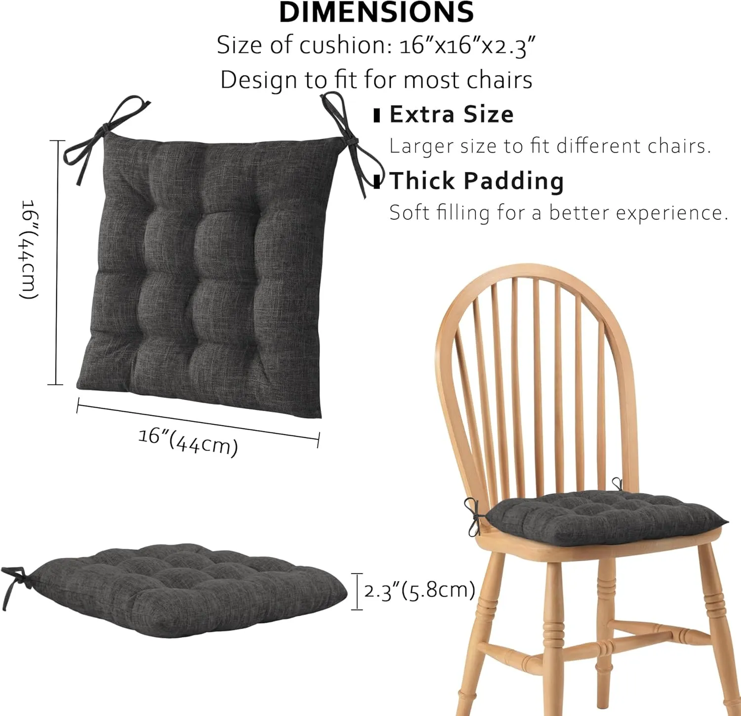 ELFJOY 4 Pack Chair Cushions for Dining Chairs Chair Pads Cushion for Kitchen Office Tufted Textured Square Seat Cushion with Ties (16" Dark Grey)