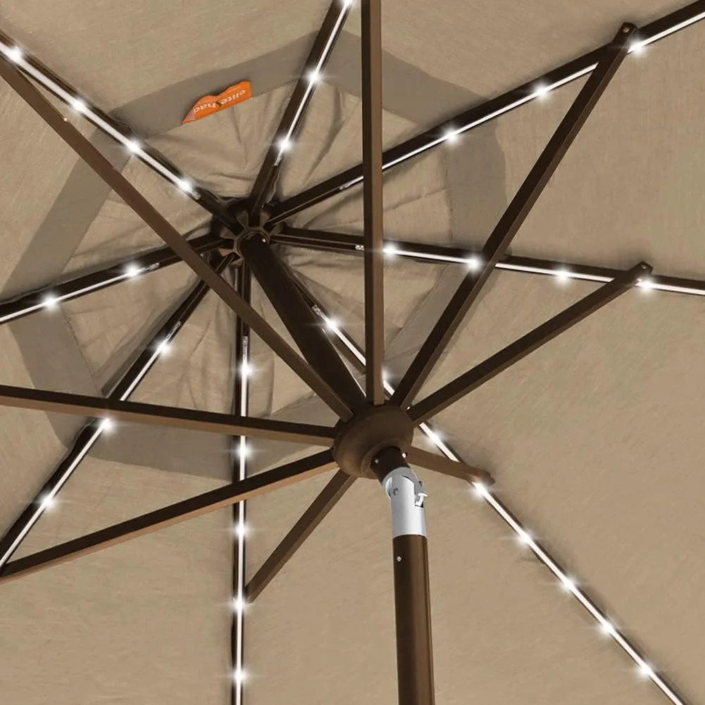 EliteShade USA 10-Year-Non-Fading Solar 9ft Market Umbrella with 80 LED Lights Patio Umbrellas Outdoor Table Umbrella with Ventilation, Heather Beige