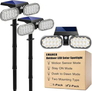 EMANER Motion Solar Lights Outdoor, Solar Floodlight, Stay On or Motion Sensor Mode, Dusk to Dawn Security Light, Landscape Spotlights for Garage Fence Driveway Solar Powered, 2-Pack