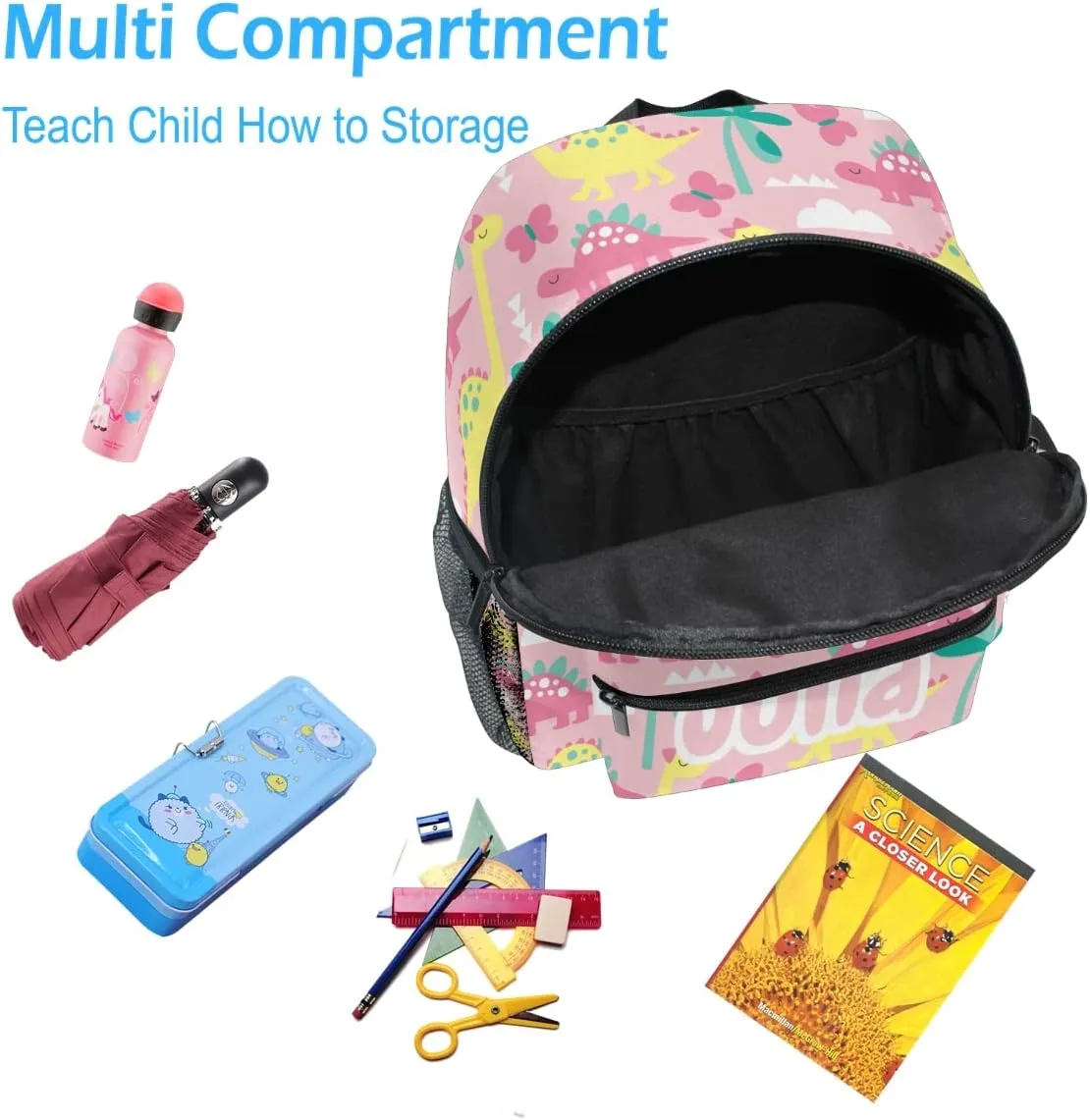Emelivor Custom Pink Dinosaur Kids Toddler Backpack for Girls Preschool Bookbag with Chest Strap Cute Personalized Backpack for Kindergarten Children Nursery Daycare