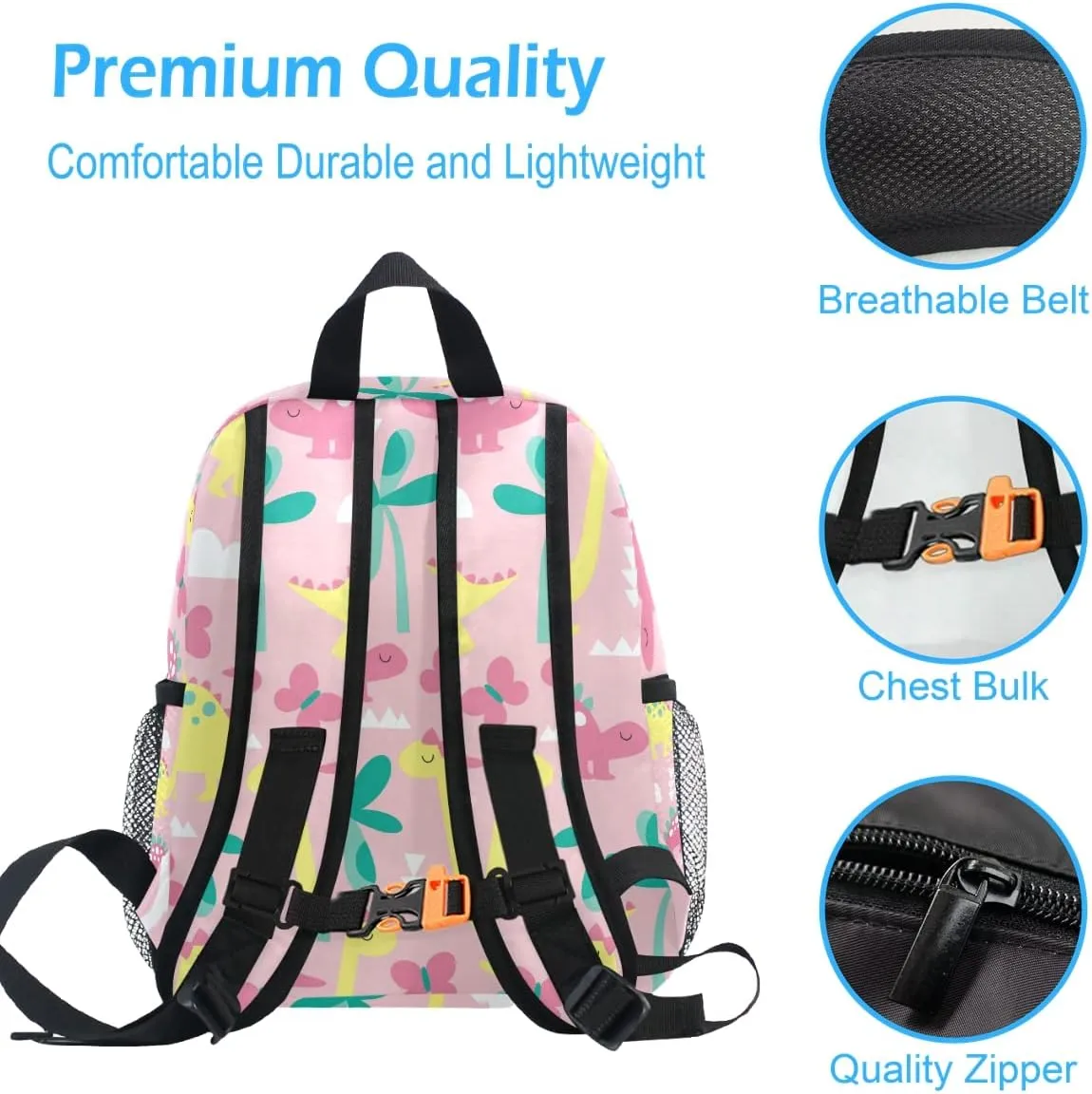 Emelivor Custom Pink Dinosaur Kids Toddler Backpack for Girls Preschool Bookbag with Chest Strap Cute Personalized Backpack for Kindergarten Children Nursery Daycare