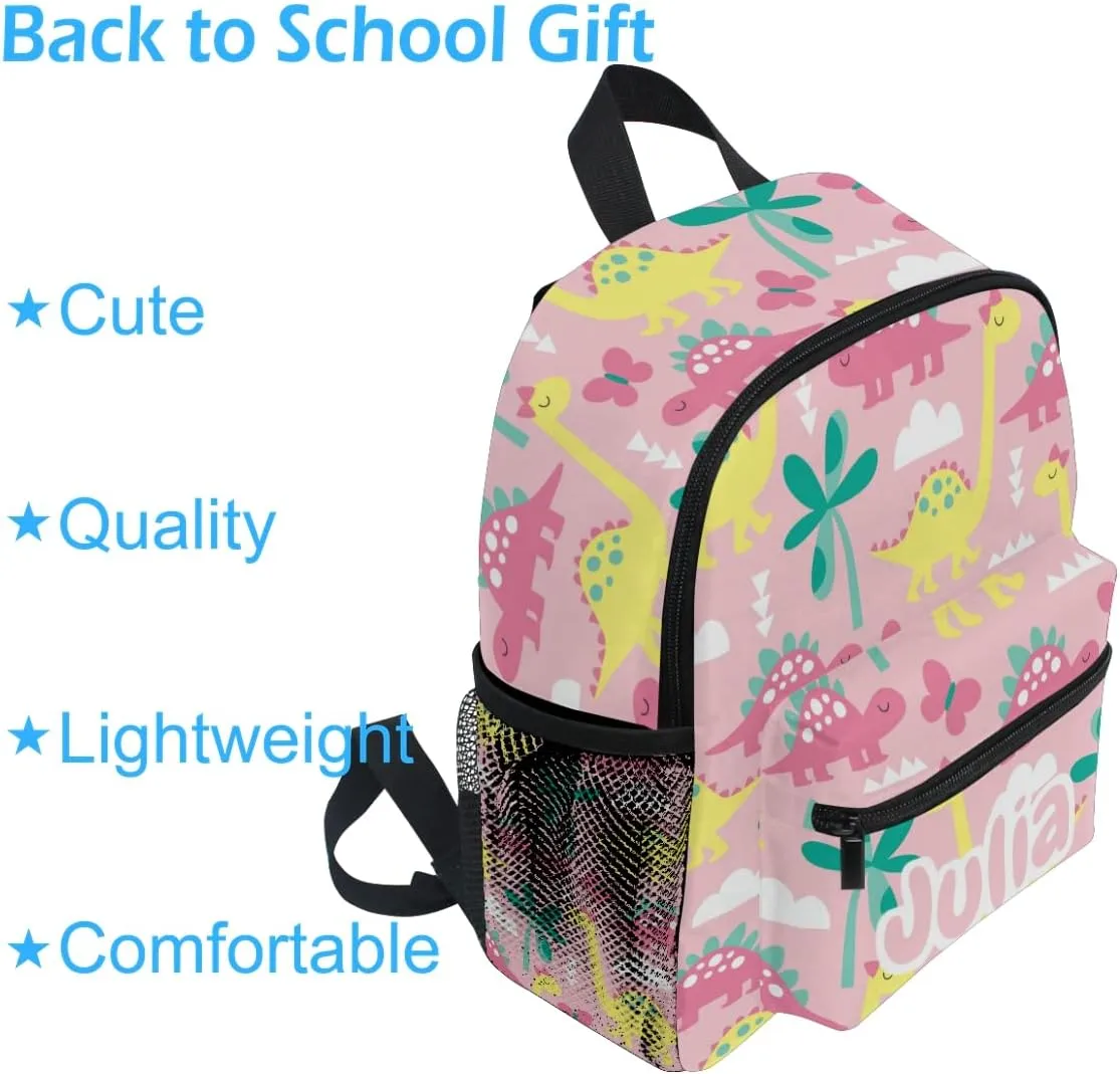 Emelivor Custom Pink Dinosaur Kids Toddler Backpack for Girls Preschool Bookbag with Chest Strap Cute Personalized Backpack for Kindergarten Children Nursery Daycare