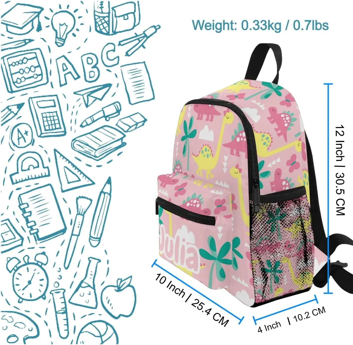 Emelivor Custom Pink Dinosaur Kids Toddler Backpack for Girls Preschool Bookbag with Chest Strap Cute Personalized Backpack for Kindergarten Children Nursery Daycare