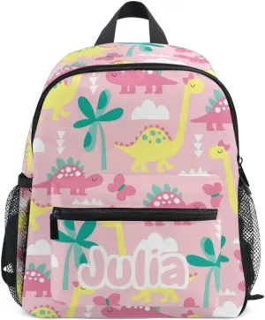 Emelivor Custom Pink Dinosaur Kids Toddler Backpack for Girls Preschool Bookbag with Chest Strap Cute Personalized Backpack for Kindergarten Children Nursery Daycare