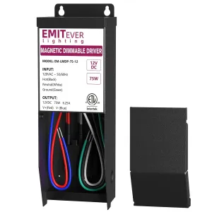 EMITEVER Magnetic Dimmable Transformer,12V 75W LED Drvier,ETL Listed Power Supply,Compatible with Lutron and Leviton Dimmers,120VAC to 12VDC for LED Strip Light,Kitchen,Cabinet