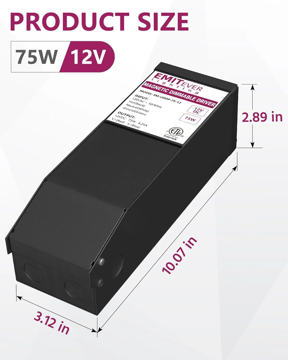 EMITEVER Magnetic Dimmable Transformer,12V 75W LED Drvier,ETL Listed Power Supply,Compatible with Lutron and Leviton Dimmers,120VAC to 12VDC for LED Strip Light,Kitchen,Cabinet