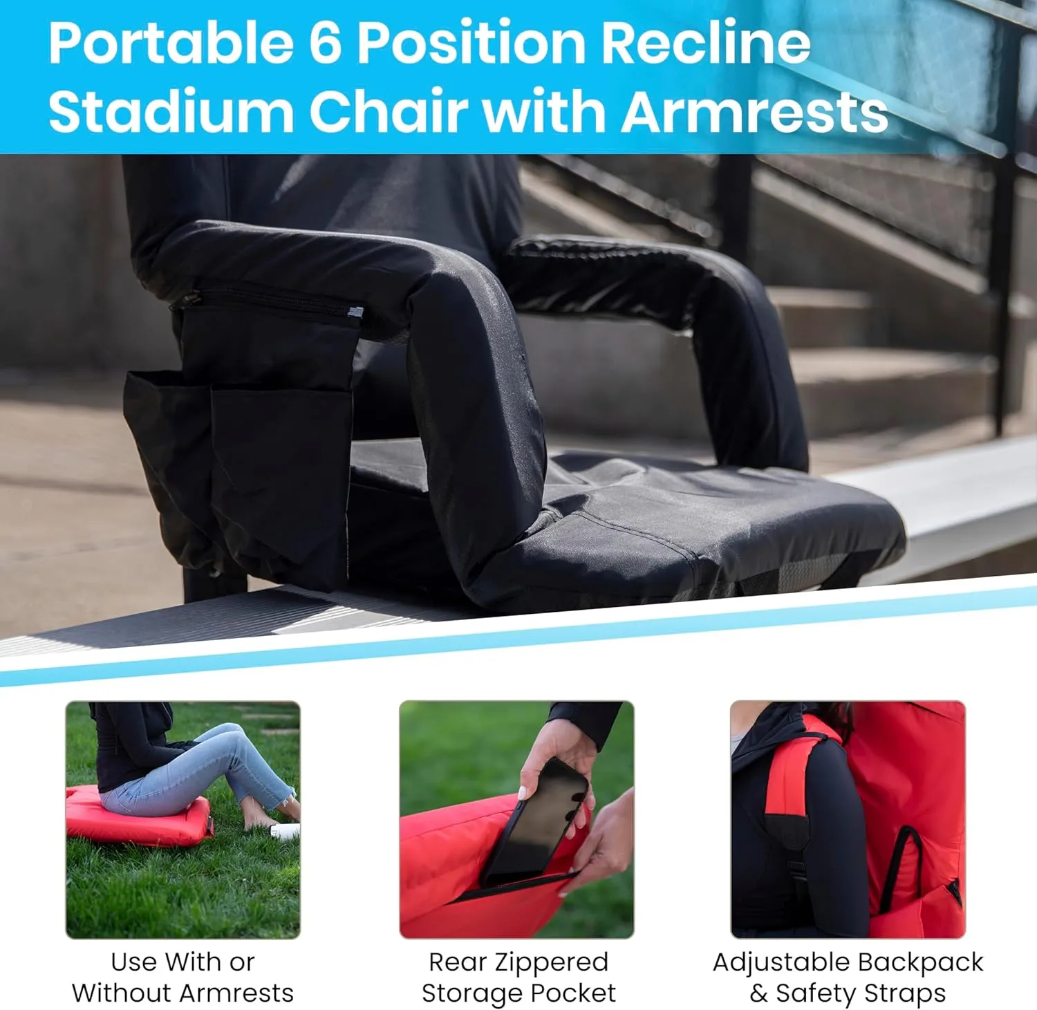 EMMA   OLIVER Portable Stadium Chair with Armrests, Reclining Padded Back & Seat, Lightweight Metal Frame & Backpack Straps, Storage Pockets