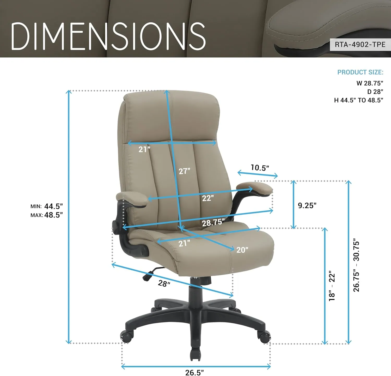 Ergonomic Faux Leather Office Chair, High Back Padded Executive Desk Chair with Flip-Up Armrests, Adjustable Height, Tilt Control, and Smooth-Rolling Wheels for Home and Office Desk, Taupe