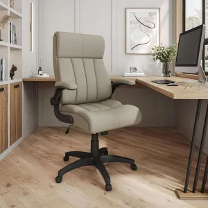 Ergonomic Faux Leather Office Chair, High Back Padded Executive Desk Chair with Flip-Up Armrests, Adjustable Height, Tilt Control, and Smooth-Rolling Wheels for Home and Office Desk, Taupe
