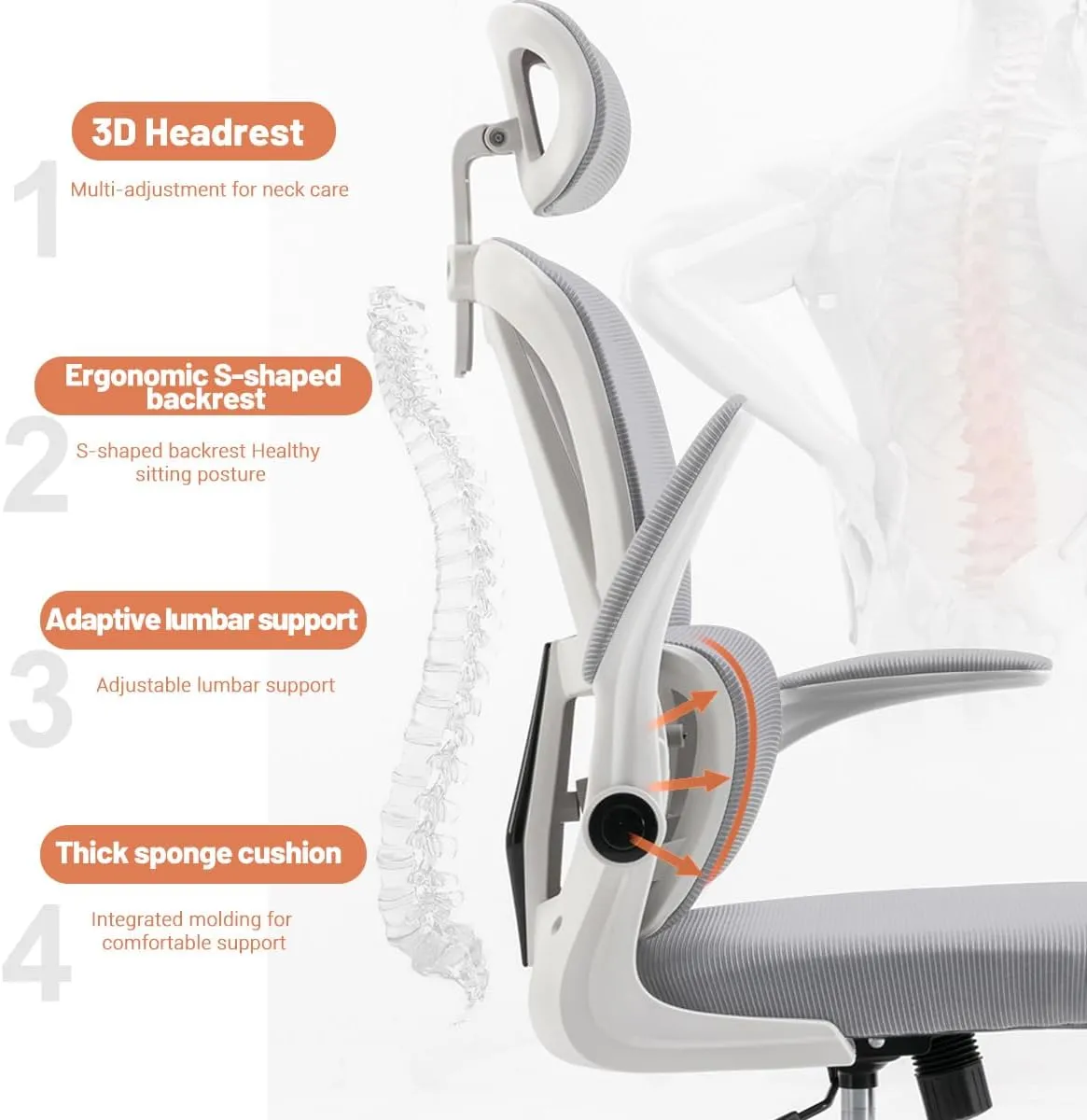 Ergonomic Office Chair Computer Desk Chairs with Flip-up Armrests and Lumbar Support, High Back Mesh Gaming Chairs with Adjustable Headrest