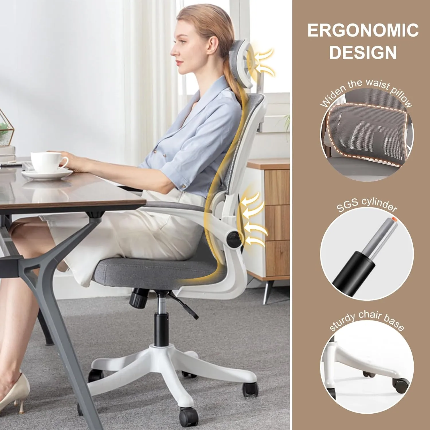 Ergonomic Office Chair Computer Desk Chairs with Flip-up Armrests and Lumbar Support, High Back Mesh Gaming Chairs with Adjustable Headrest