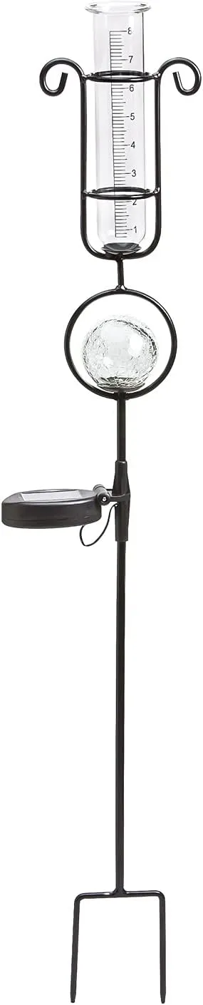 Evergreen Garden Metal and Glass Rain Gauge with Solar Powered Light - 6" W x 5.5" D x 33.5" H