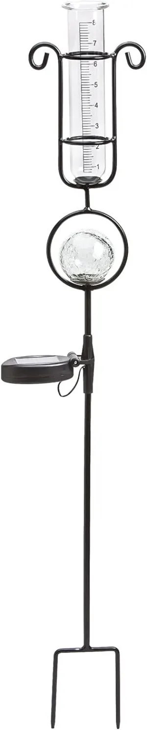Evergreen Garden Metal and Glass Rain Gauge with Solar Powered Light - 6" W x 5.5" D x 33.5" H