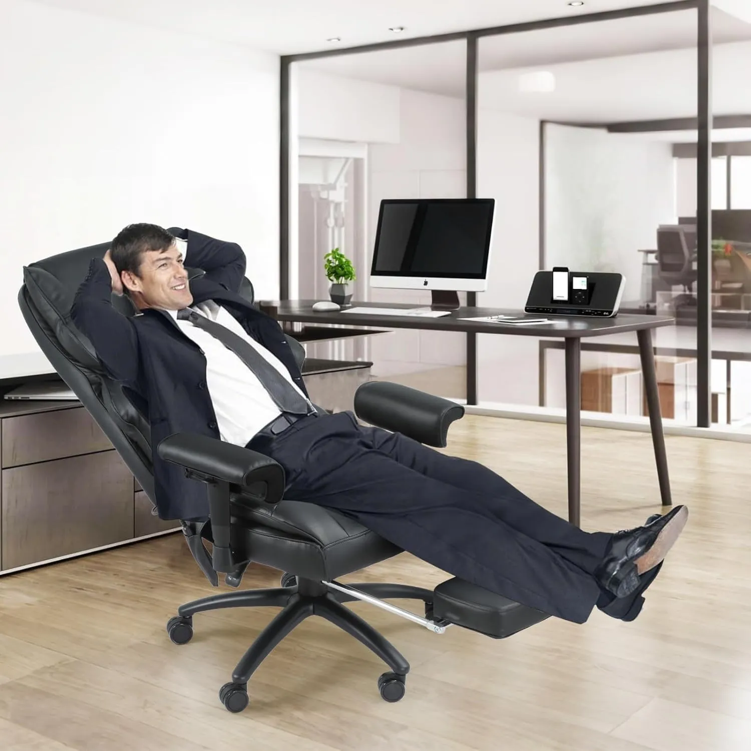 Executive Office Chair, 6-Point Massage Office Chair with Heating Function, High Back PU Leather & Ergonomic Lumbar Support-Black