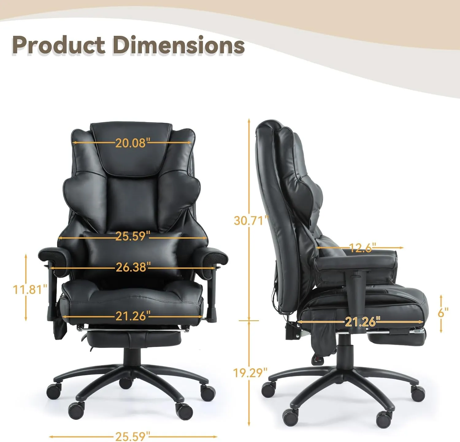 Executive Office Chair, 6-Point Massage Office Chair with Heating Function, High Back PU Leather & Ergonomic Lumbar Support-Black