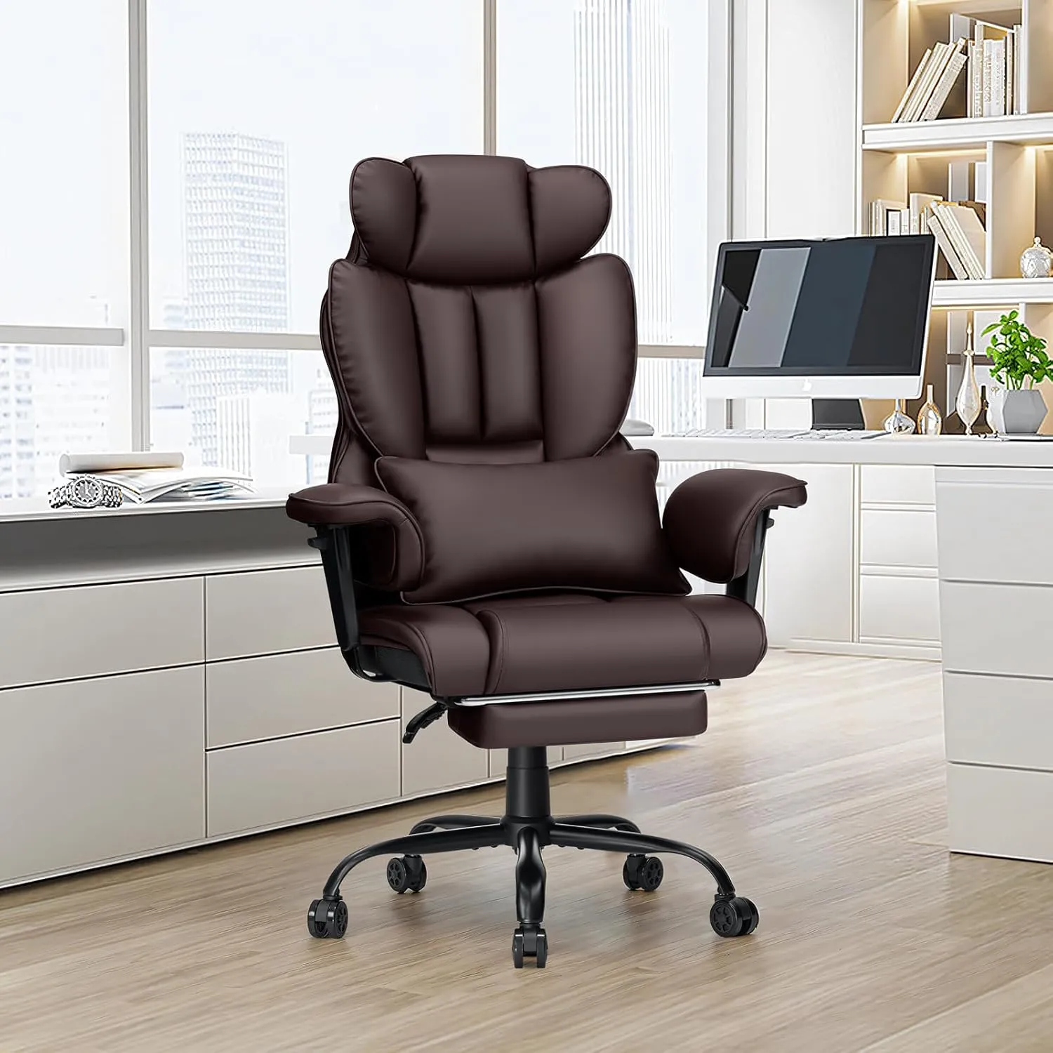 Executive Office Chair Big and Tall with Massage 450lbs Heavy Duty Desk Chair with Lumbar Support Reclining Office Chair with Footrest High Back Ergonomic Leather Chair for Heavy People Brown