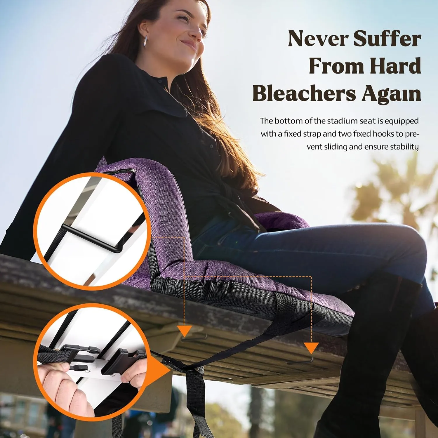Extra Wide Stadium Seats with Back Support, Bleacher Chairs with Back and Cushion, 6 Reclining Positions, Stadium Chair Bleacher Seat with Armrests for Sport Events, Camping, Concerts (Purple, 25")