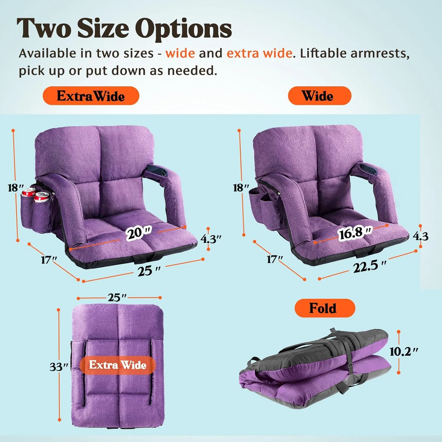 Extra Wide Stadium Seats with Back Support, Bleacher Chairs with Back and Cushion, 6 Reclining Positions, Stadium Chair Bleacher Seat with Armrests for Sport Events, Camping, Concerts (Purple, 25")