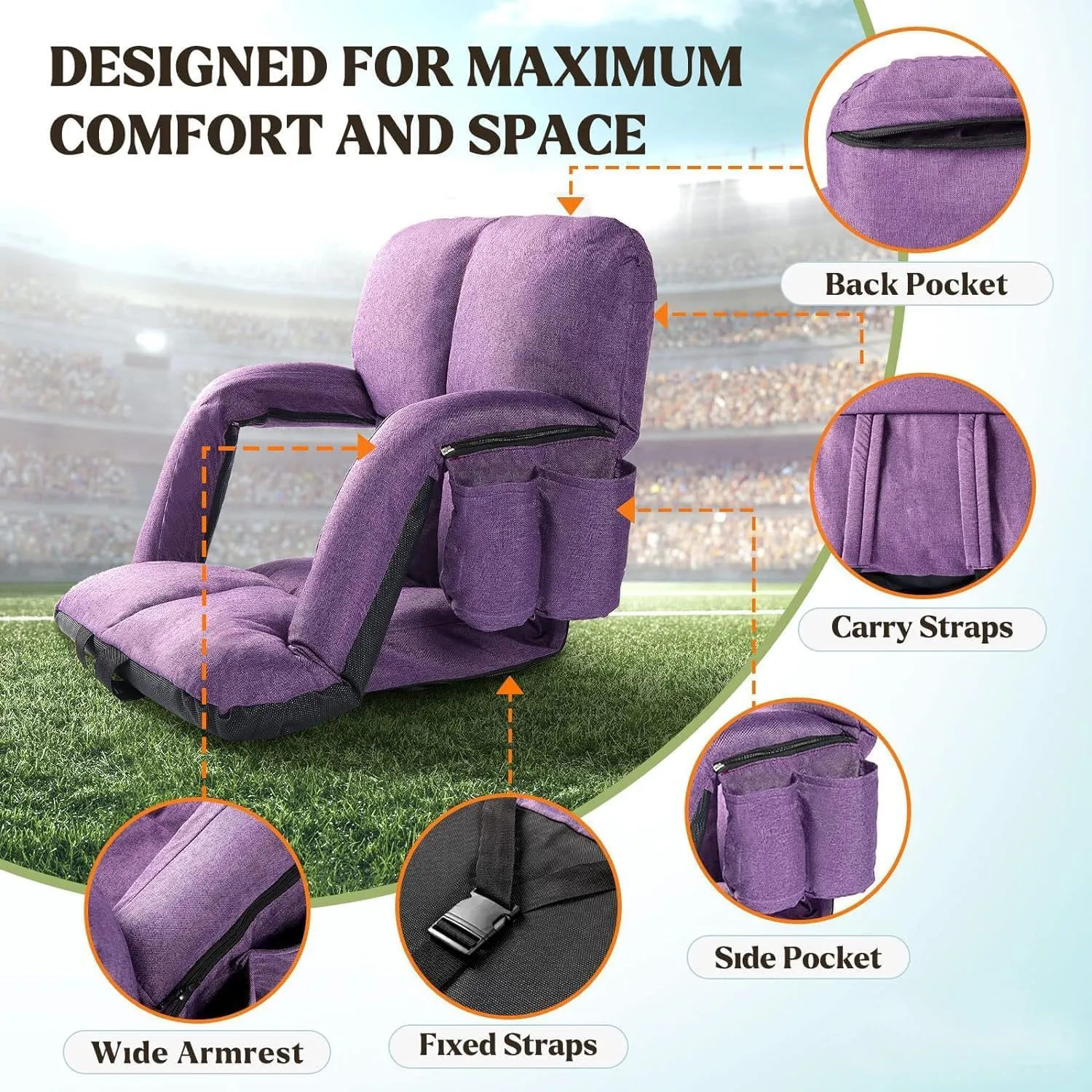 Extra Wide Stadium Seats with Back Support, Bleacher Chairs with Back and Cushion, 6 Reclining Positions, Stadium Chair Bleacher Seat with Armrests for Sport Events, Camping, Concerts (Purple, 25")