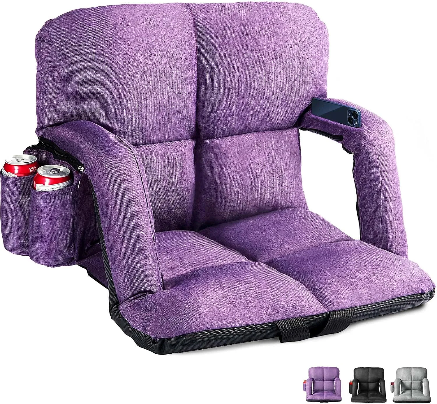 Extra Wide Stadium Seats with Back Support, Bleacher Chairs with Back and Cushion, 6 Reclining Positions, Stadium Chair Bleacher Seat with Armrests for Sport Events, Camping, Concerts (Purple, 25")