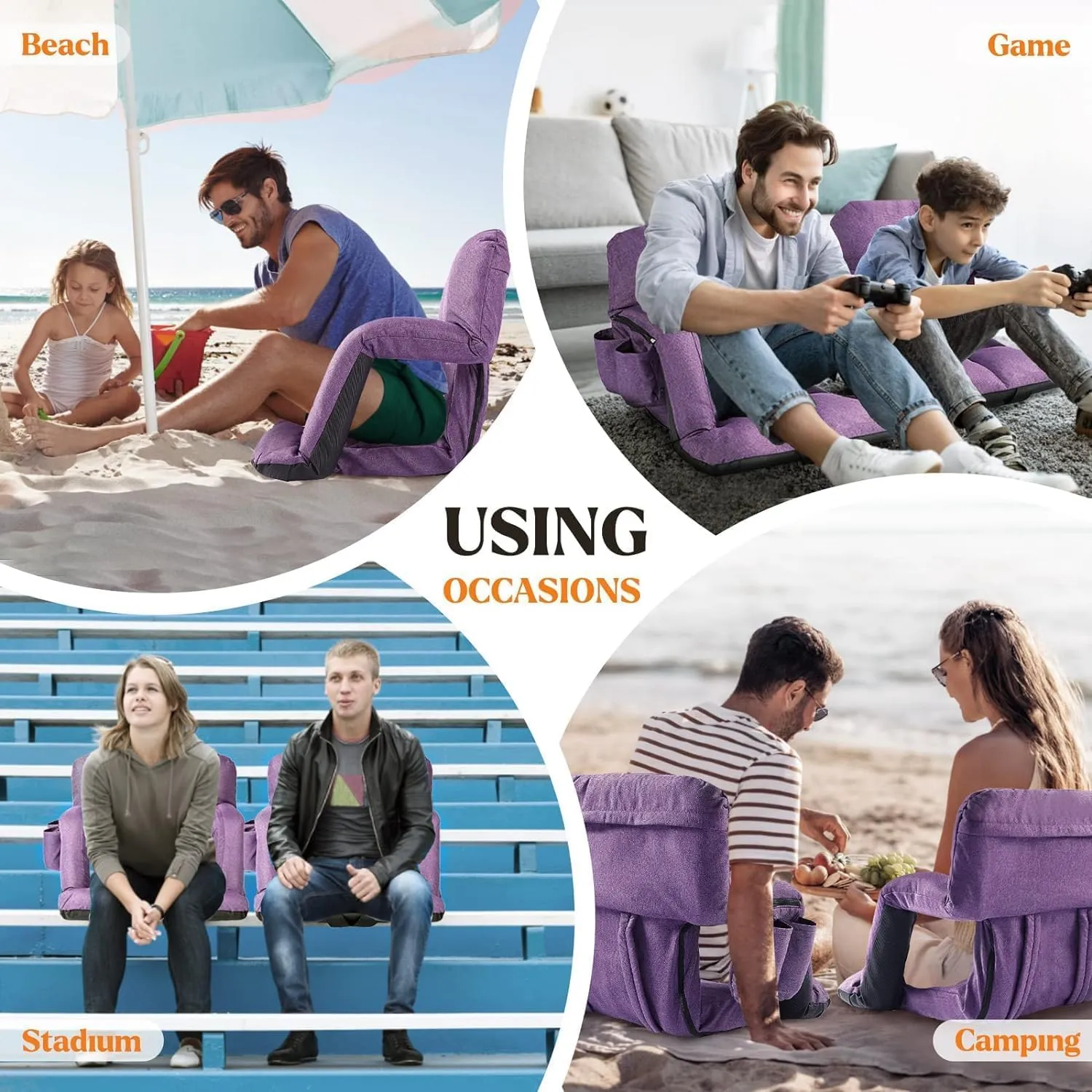 Extra Wide Stadium Seats with Back Support, Bleacher Chairs with Back and Cushion, 6 Reclining Positions, Stadium Chair Bleacher Seat with Armrests for Sport Events, Camping, Concerts (Purple, 25")