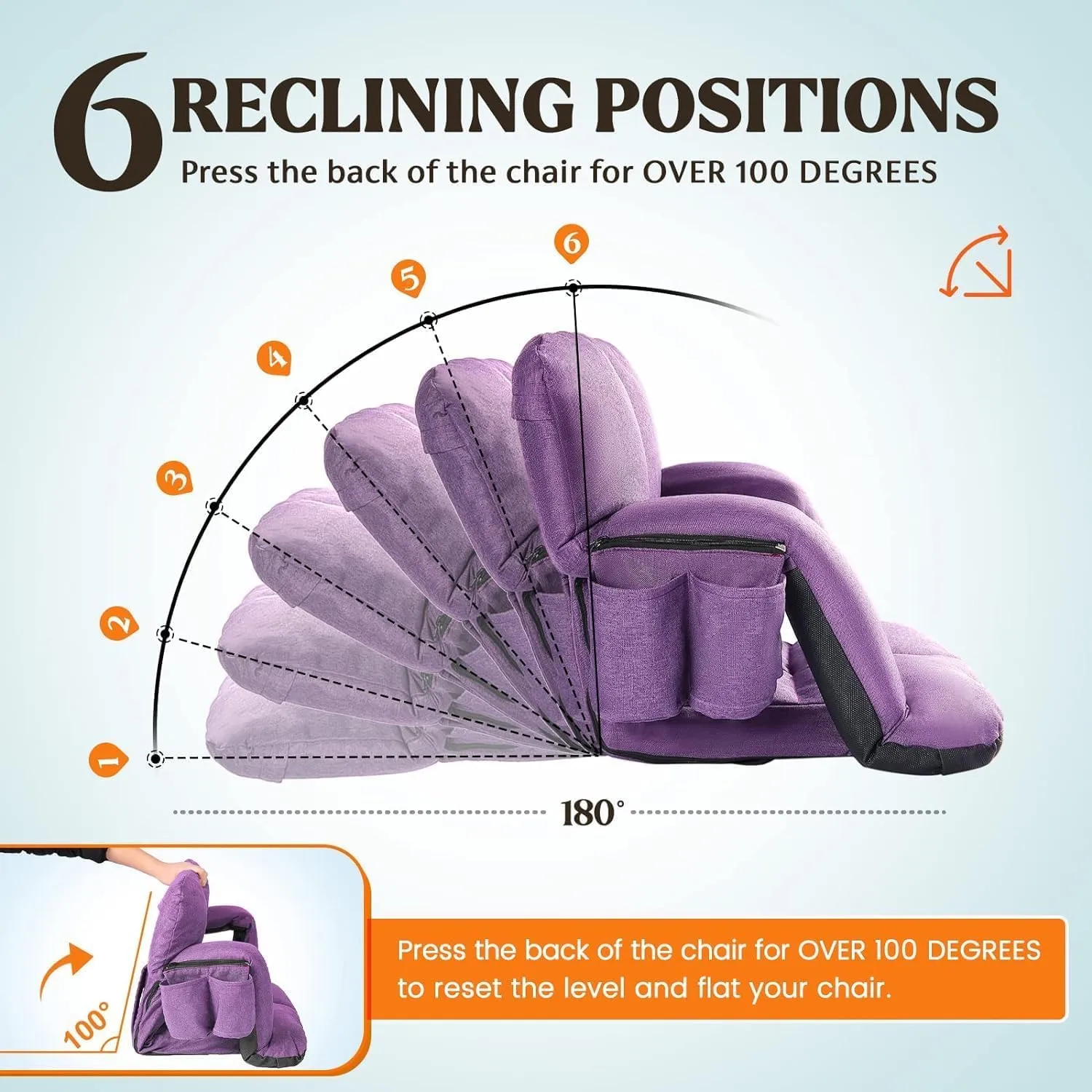 Extra Wide Stadium Seats with Back Support, Bleacher Chairs with Back and Cushion, 6 Reclining Positions, Stadium Chair Bleacher Seat with Armrests for Sport Events, Camping, Concerts (Purple, 25")