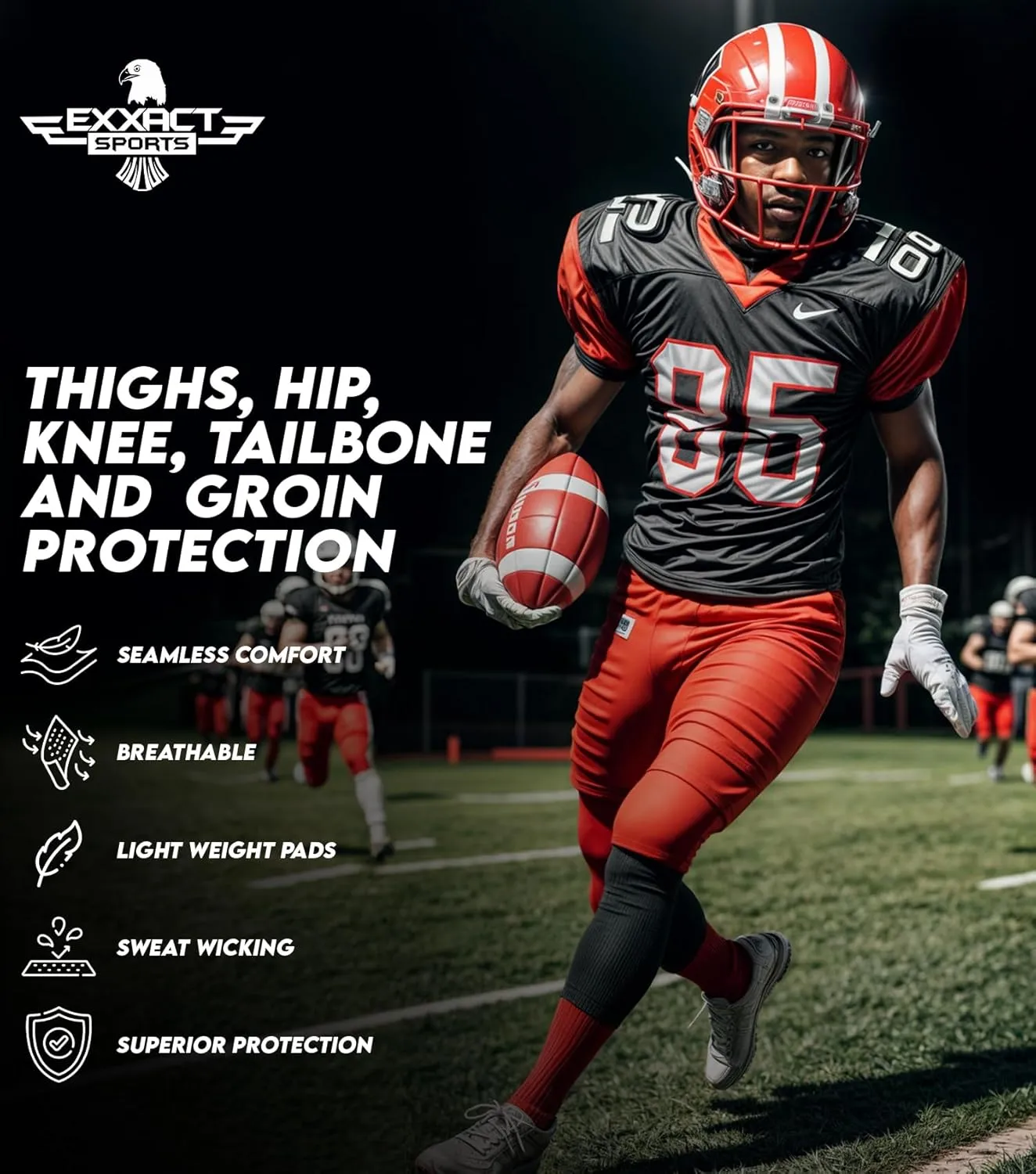 Exxact Sports Battle 7-Pad Football Girdle for Men & Boys with Cup Pocket - Lightweight Padded Compression Shorts with Integrated Ultra Flex Pads, Girdle Football