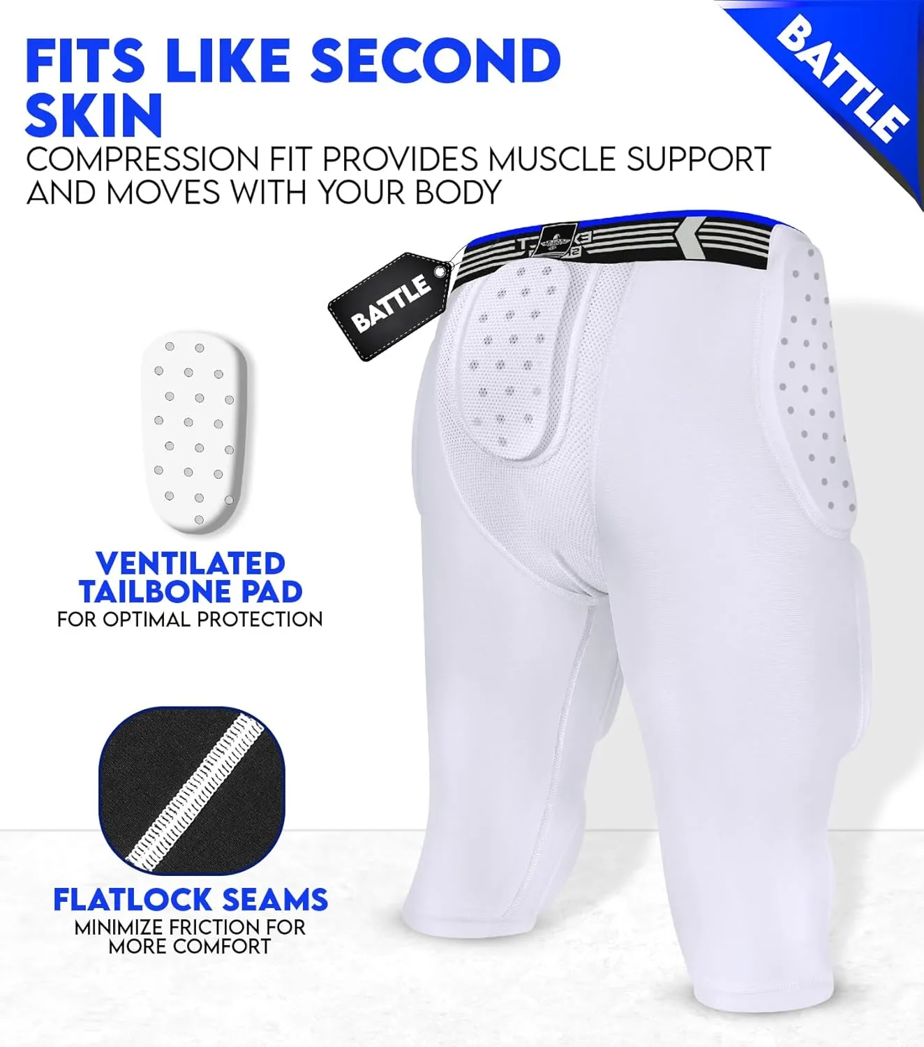 Exxact Sports Battle 7-Pad Football Girdle for Men & Boys with Cup Pocket - Lightweight Padded Compression Shorts with Integrated Ultra Flex Pads, Girdle Football
