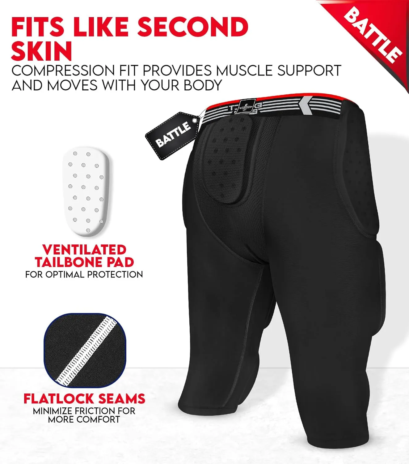Exxact Sports Battle 7-Pad Football Girdle for Men & Boys with Cup Pocket - Lightweight Padded Compression Shorts with Integrated Ultra Flex Pads, Girdle Football