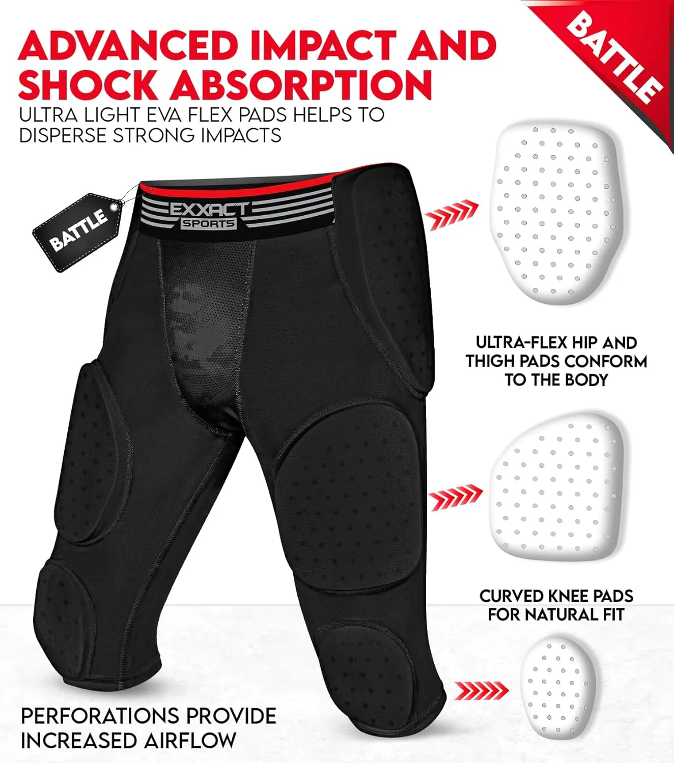Exxact Sports Battle 7-Pad Football Girdle for Men & Boys with Cup Pocket - Lightweight Padded Compression Shorts with Integrated Ultra Flex Pads, Girdle Football