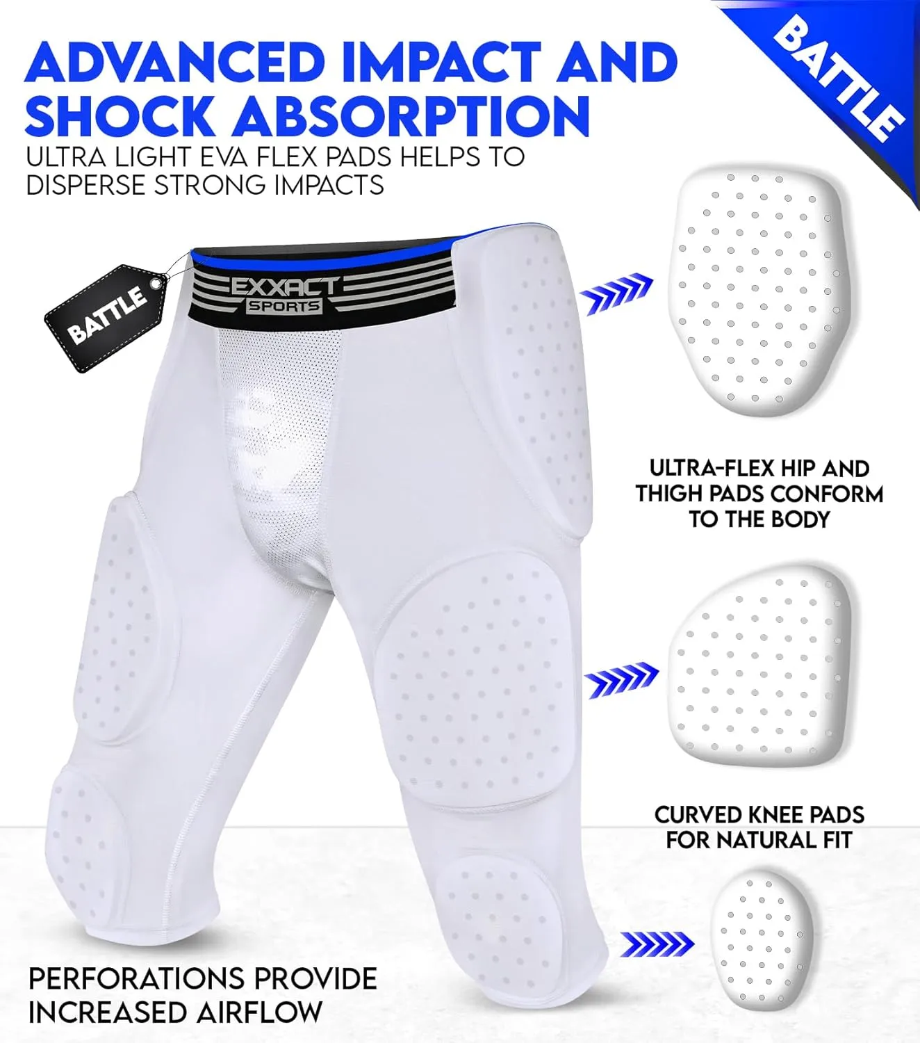 Exxact Sports Battle 7-Pad Football Girdle for Men & Boys with Cup Pocket - Lightweight Padded Compression Shorts with Integrated Ultra Flex Pads, Girdle Football