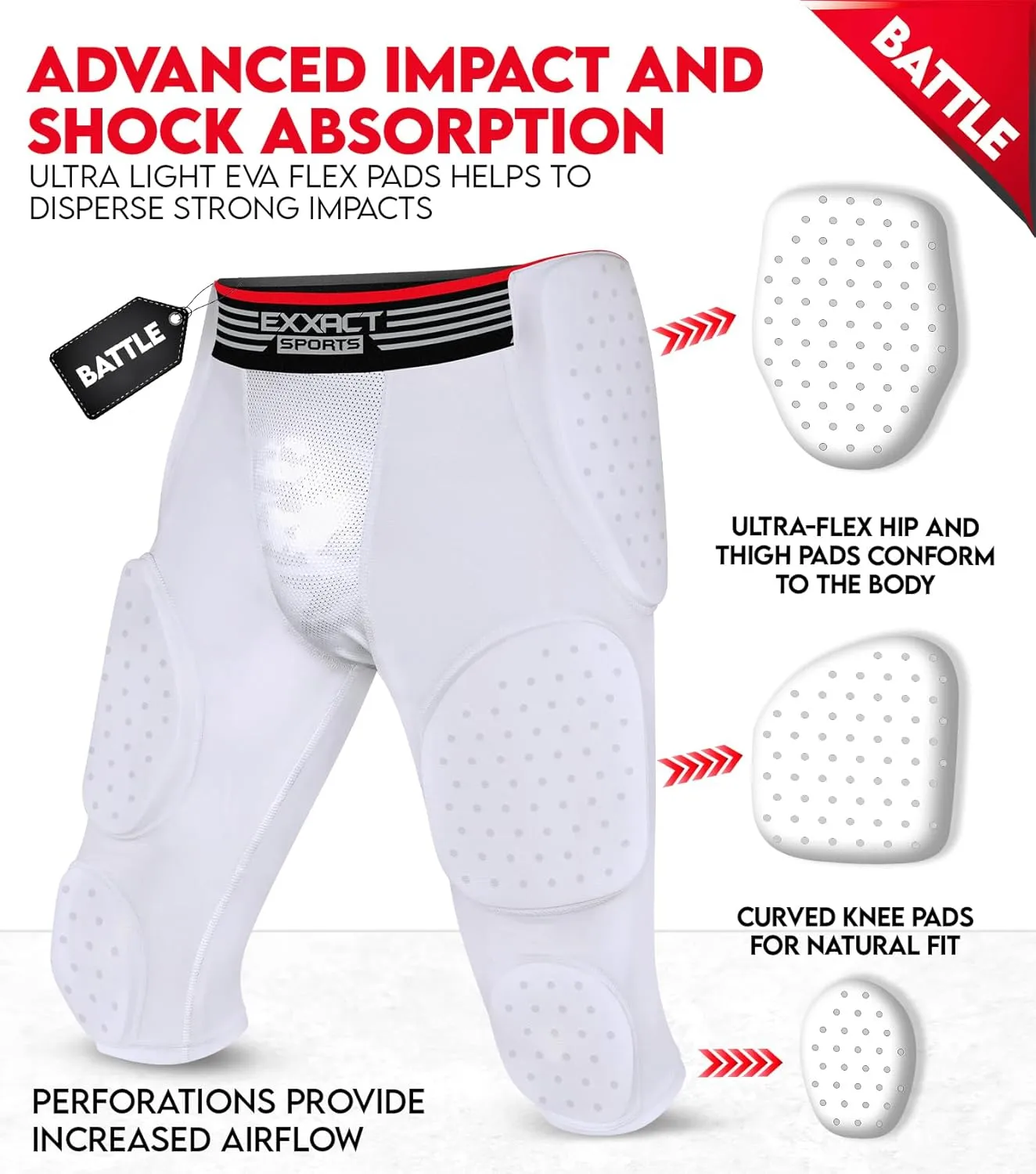 Exxact Sports Battle 7-Pad Football Girdle for Men & Boys with Cup Pocket - Lightweight Padded Compression Shorts with Integrated Ultra Flex Pads, Girdle Football