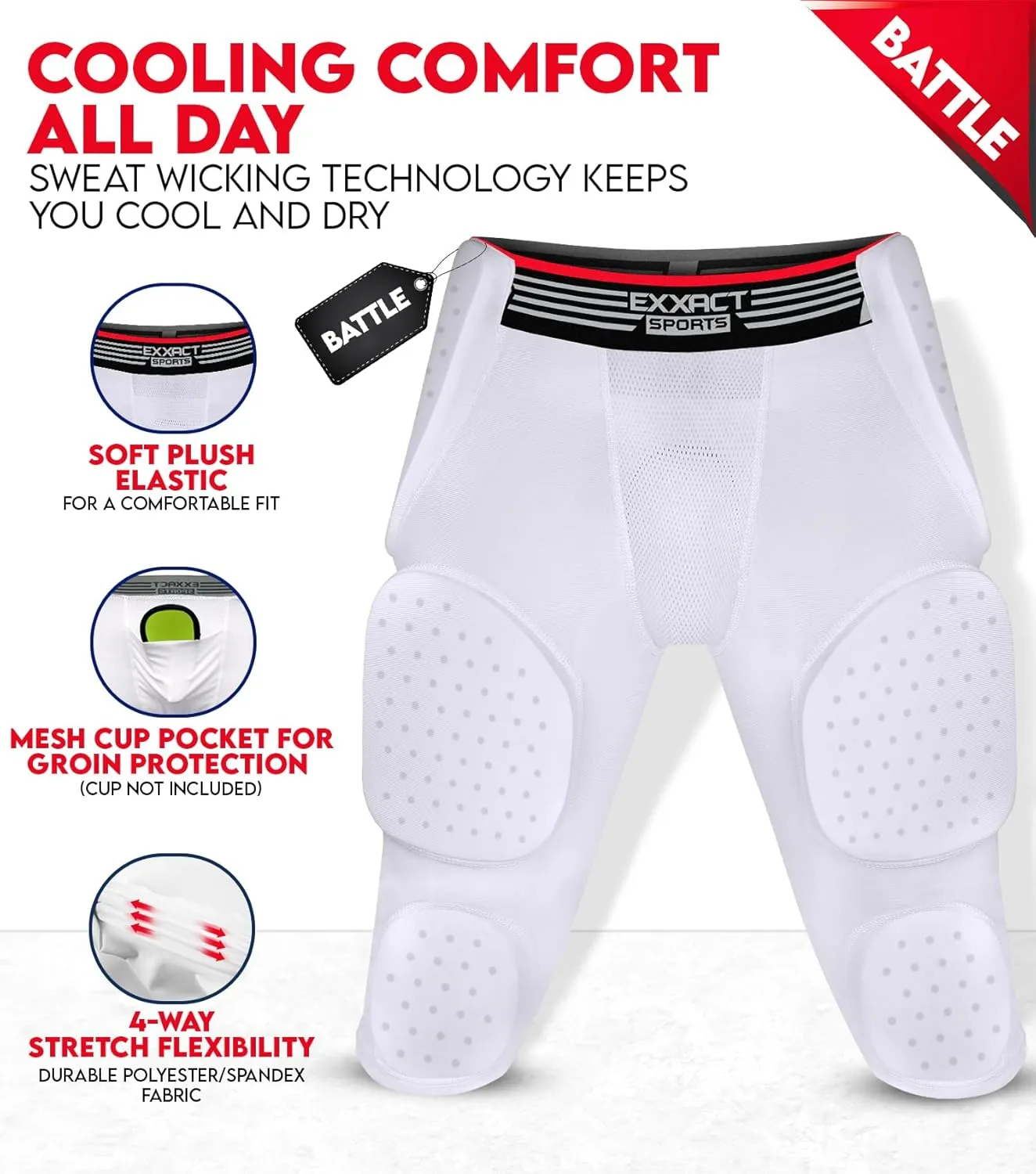 Exxact Sports Battle 7-Pad Football Girdle for Men & Boys with Cup Pocket - Lightweight Padded Compression Shorts with Integrated Ultra Flex Pads, Girdle Football