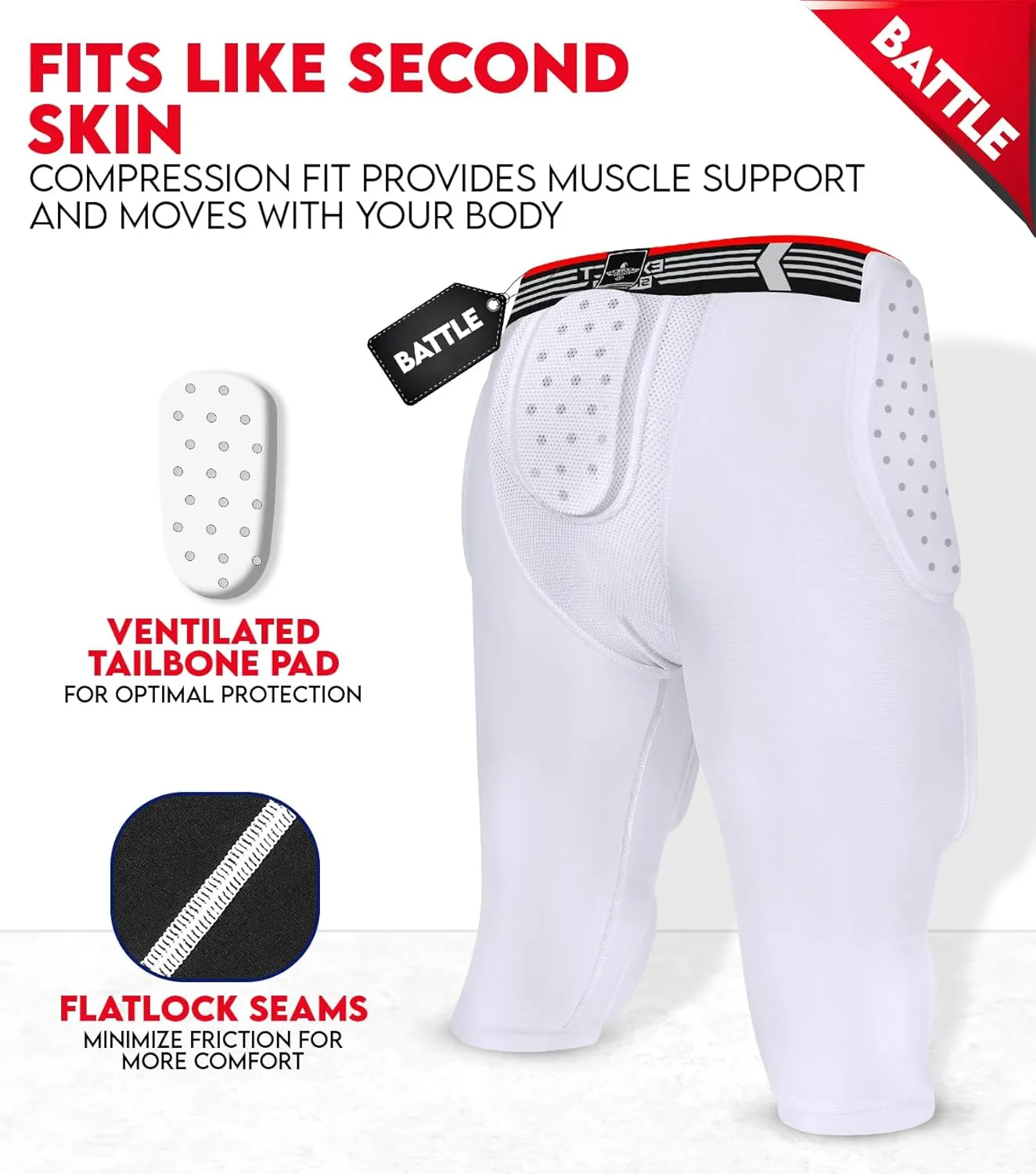 Exxact Sports Battle 7-Pad Football Girdle for Men & Boys with Cup Pocket - Lightweight Padded Compression Shorts with Integrated Ultra Flex Pads, Girdle Football